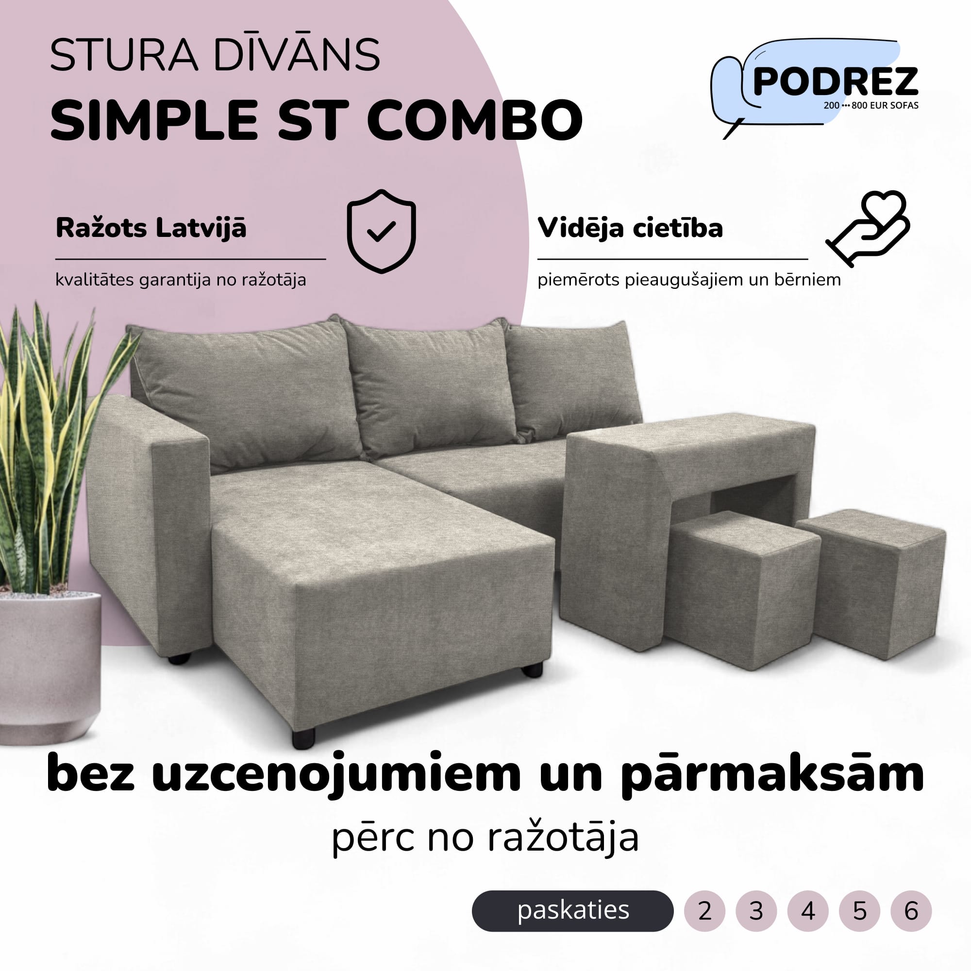 Stūra izvelkamais dīvāns ar galdiņu un pufiem Gaiši pelēka - 1