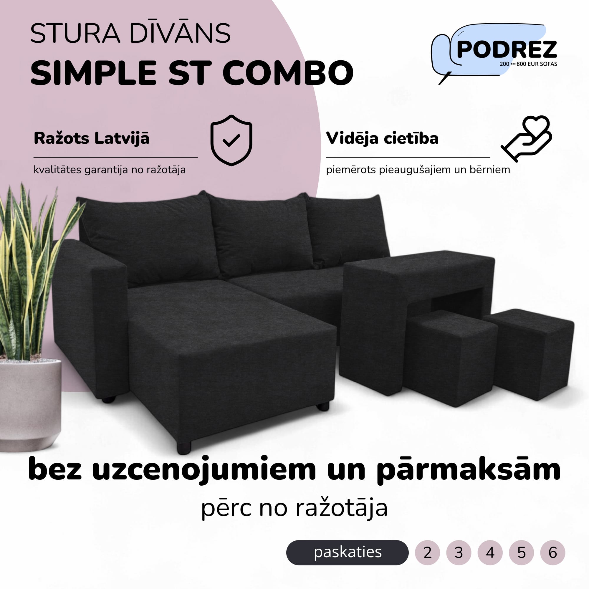 Stūra izvelkamais dīvāns ar galdiņu un pufiem Grafīta - 1