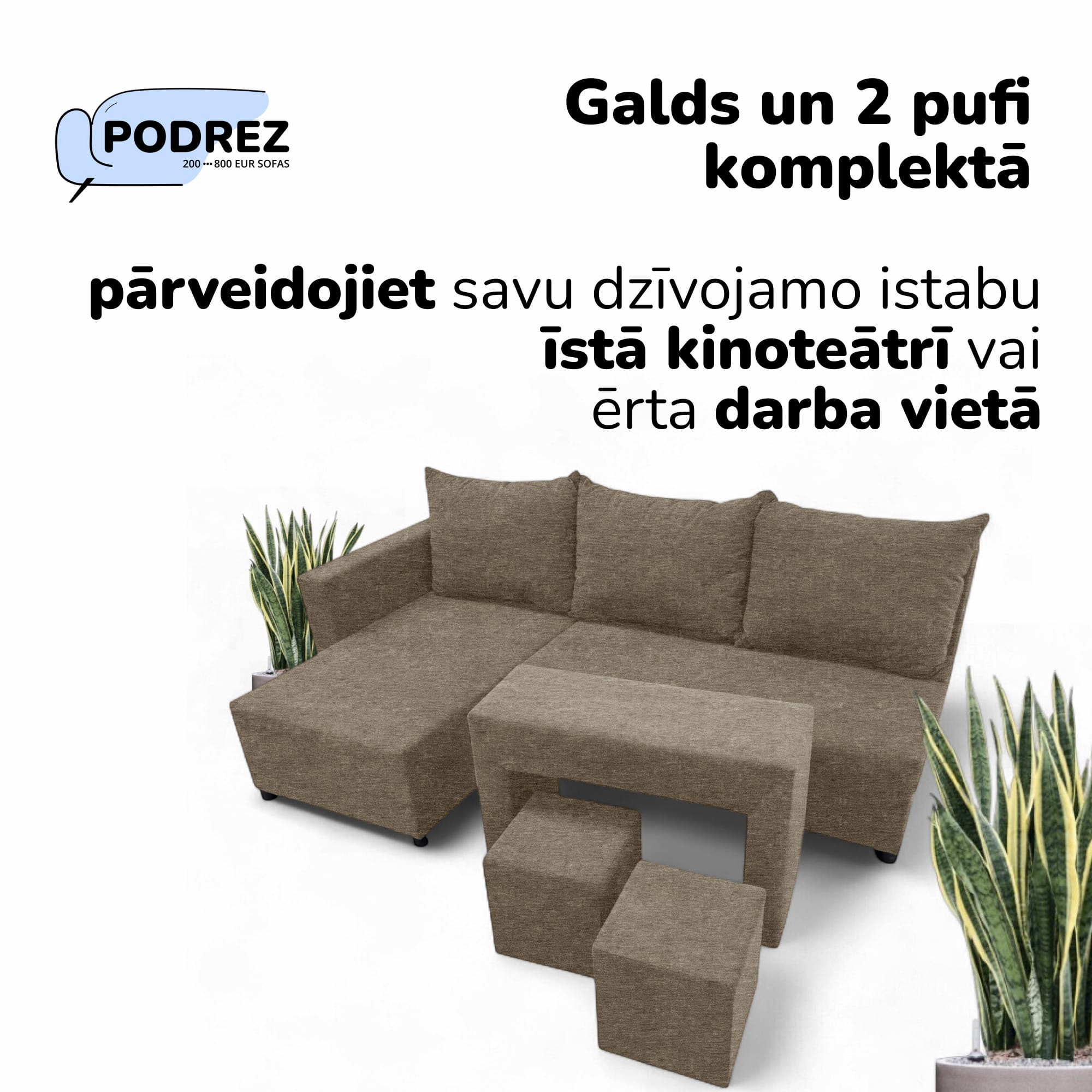Stūra izvelkamais dīvāns ar galdiņu un pufiem Bēša - 2
