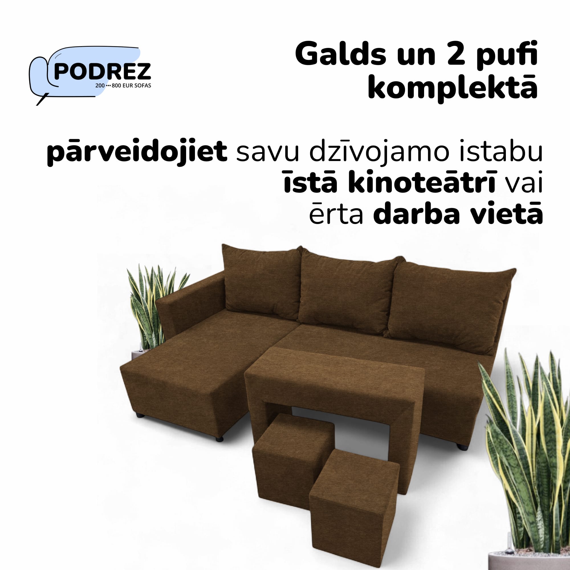 Stūra izvelkamais dīvāns ar galdiņu un pufiem Brūna - 2