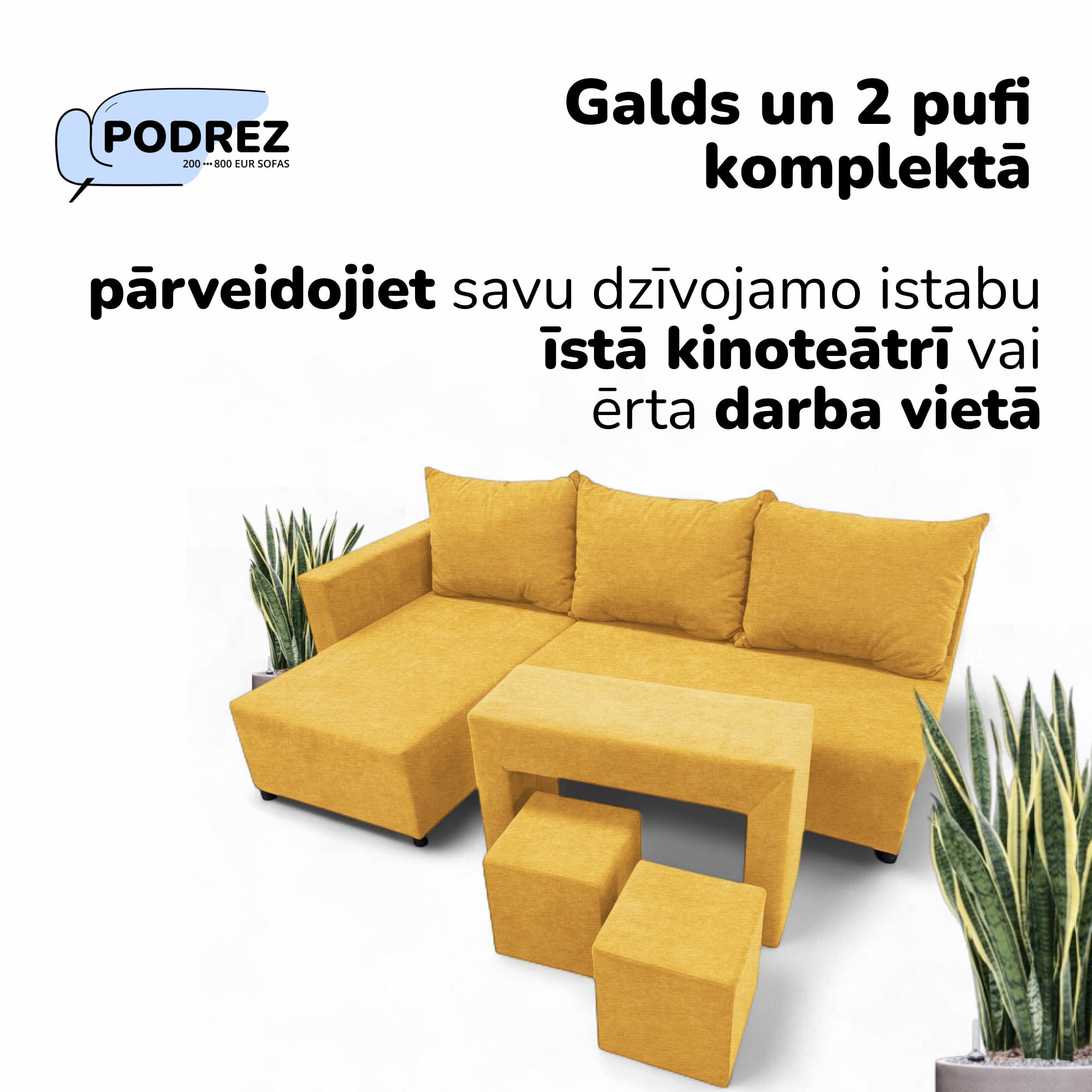Stūra izvelkamais dīvāns ar galdiņu un pufiem Dzeltena - 2