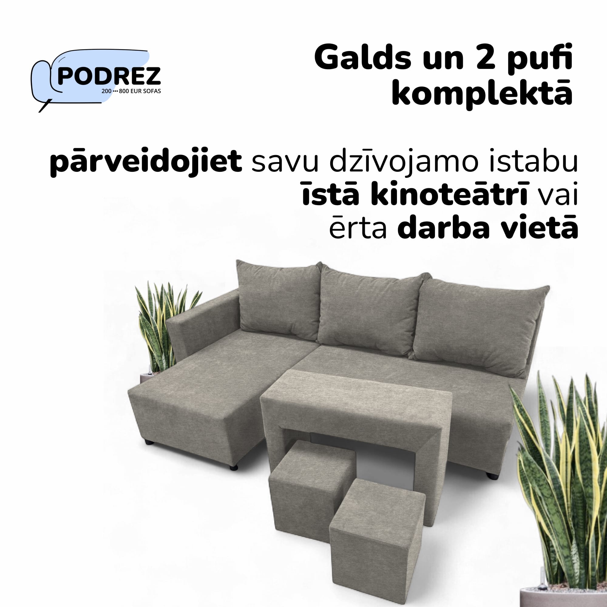 Stūra izvelkamais dīvāns ar galdiņu un pufiem Gaiši pelēka - 2