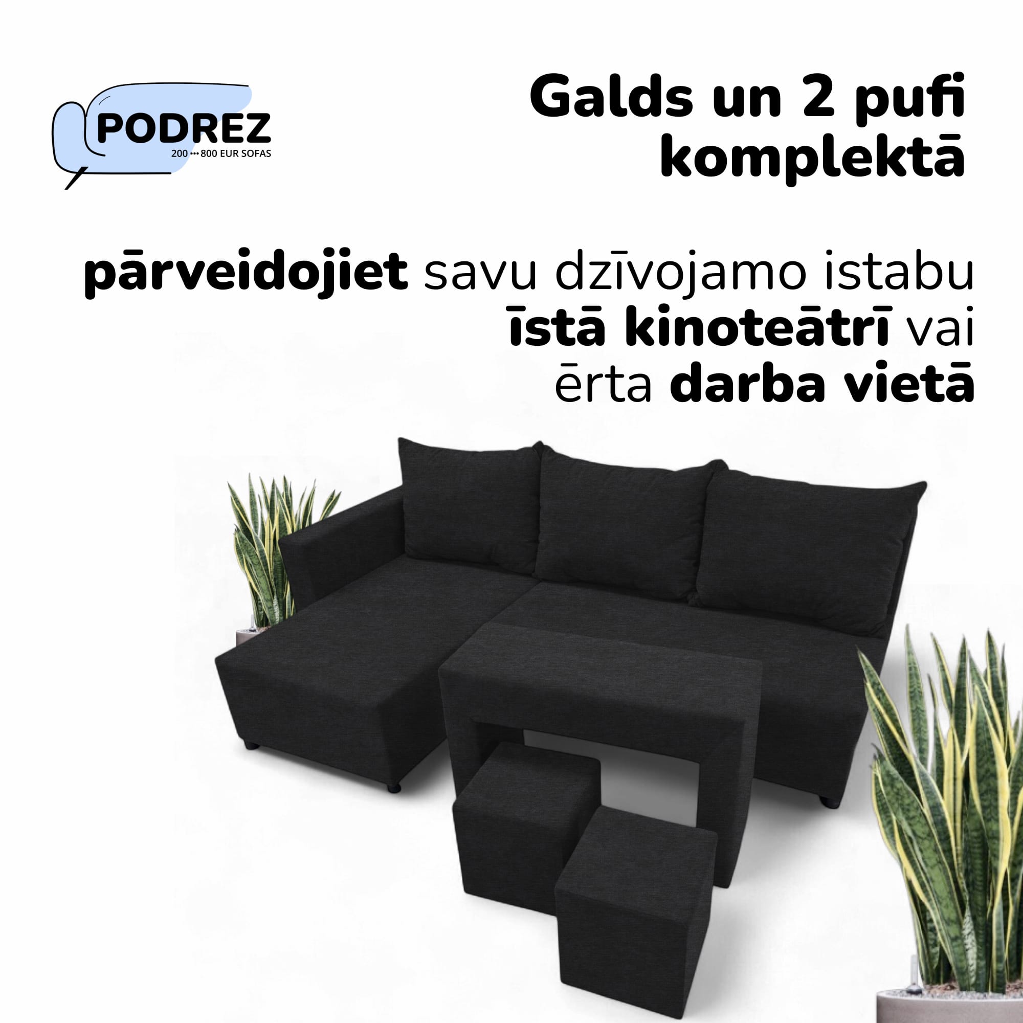 Stūra izvelkamais dīvāns ar galdiņu un pufiem Grafīta - 2