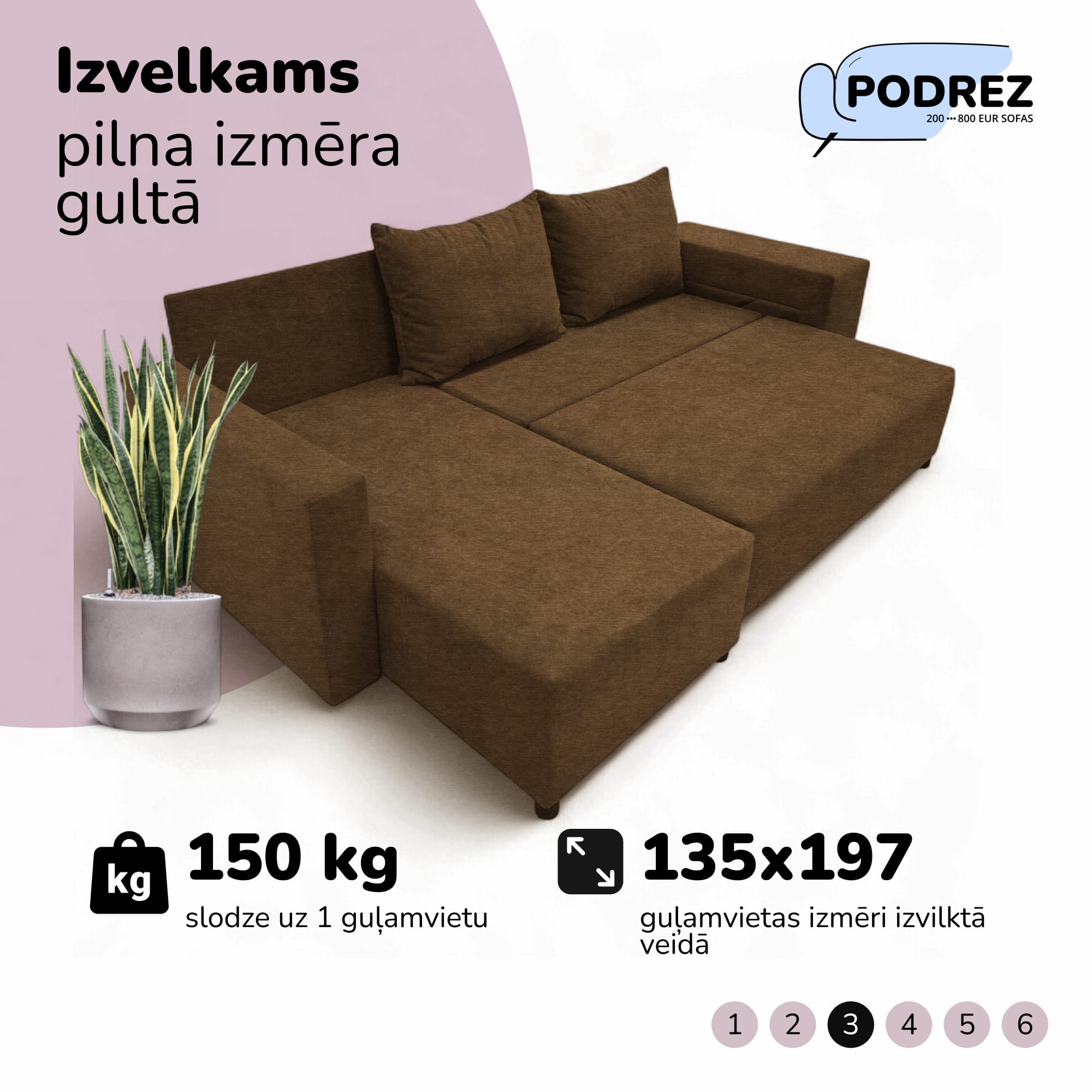 Stūra izvelkamais dīvāns ar galdiņu un pufiem Brūna - 4