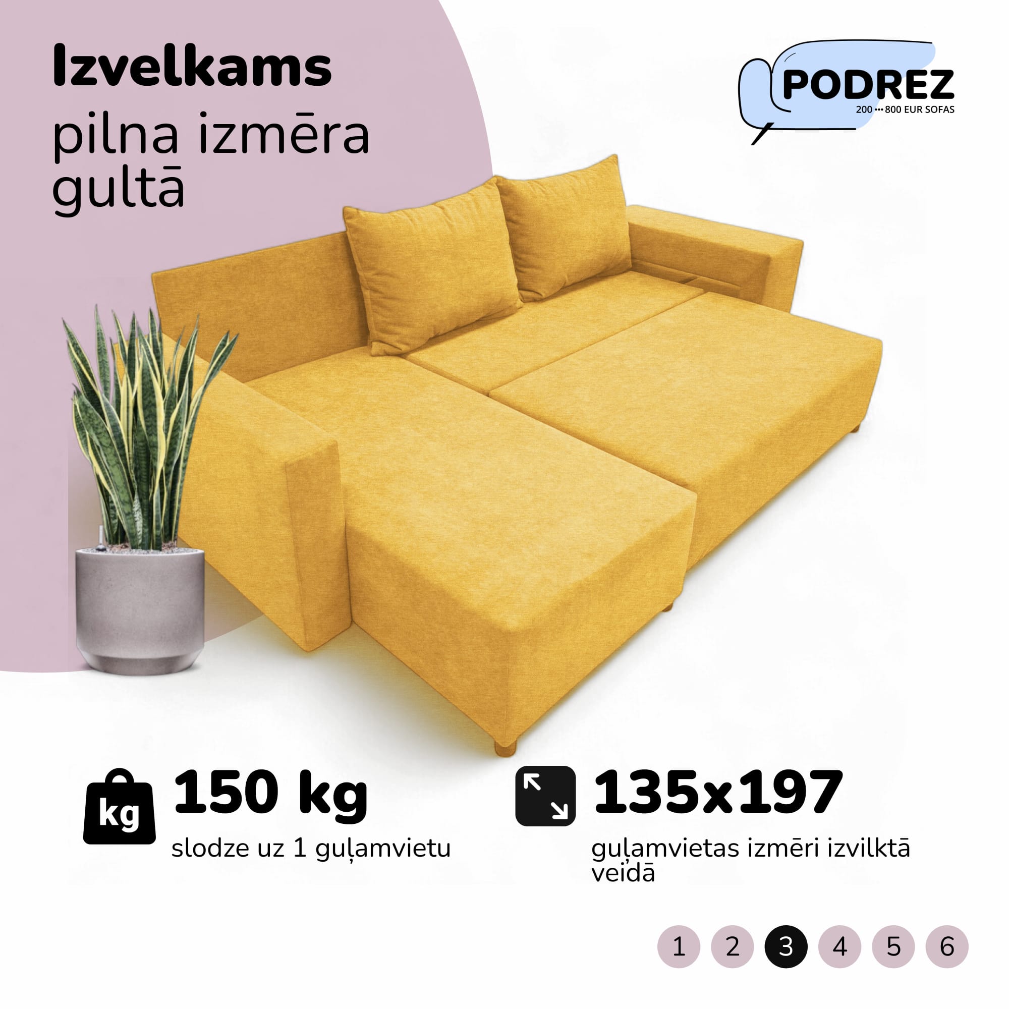 Stūra izvelkamais dīvāns ar galdiņu un pufiem Dzeltena - 4