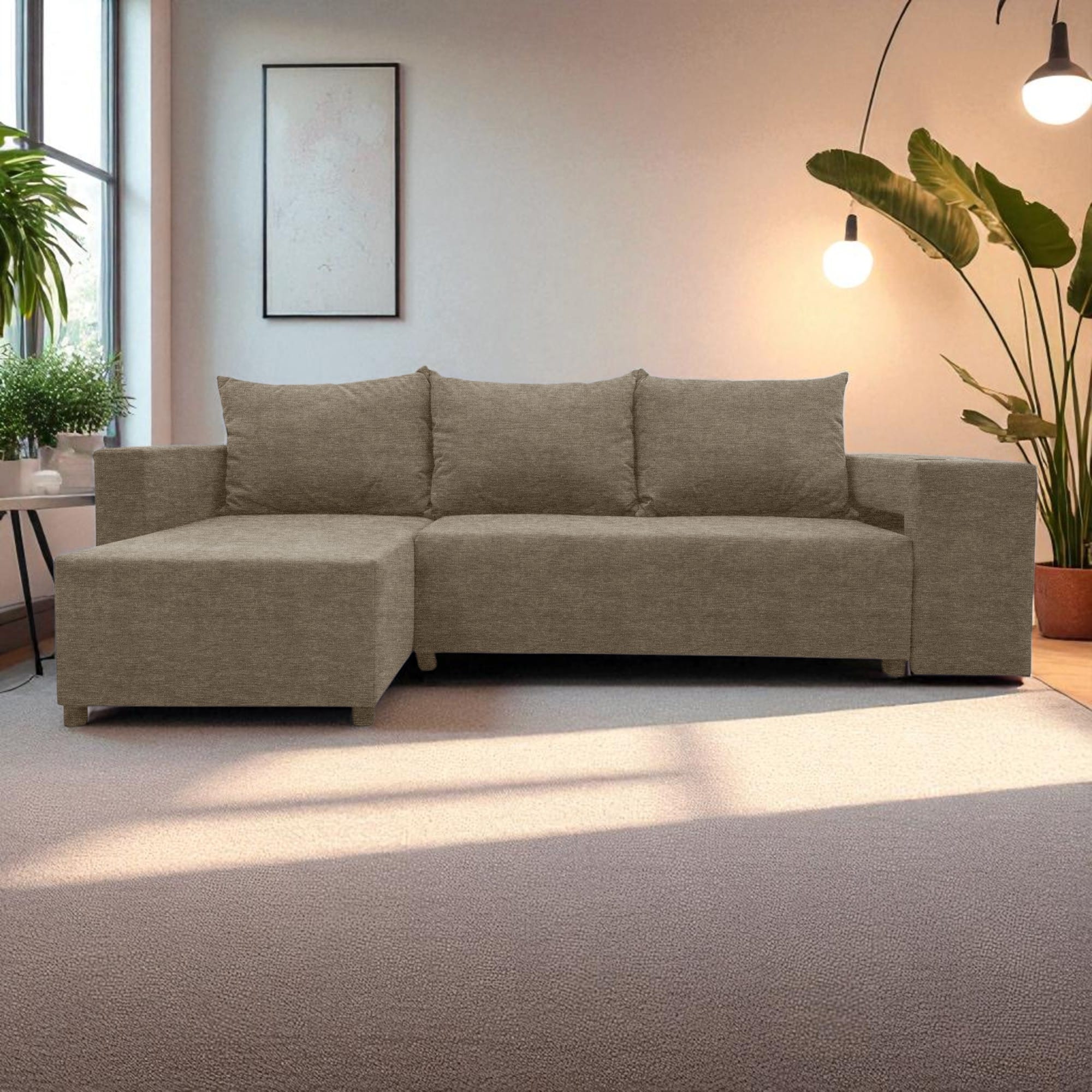 Corner sofa bed bed with table and poufs Beige — photo 8
