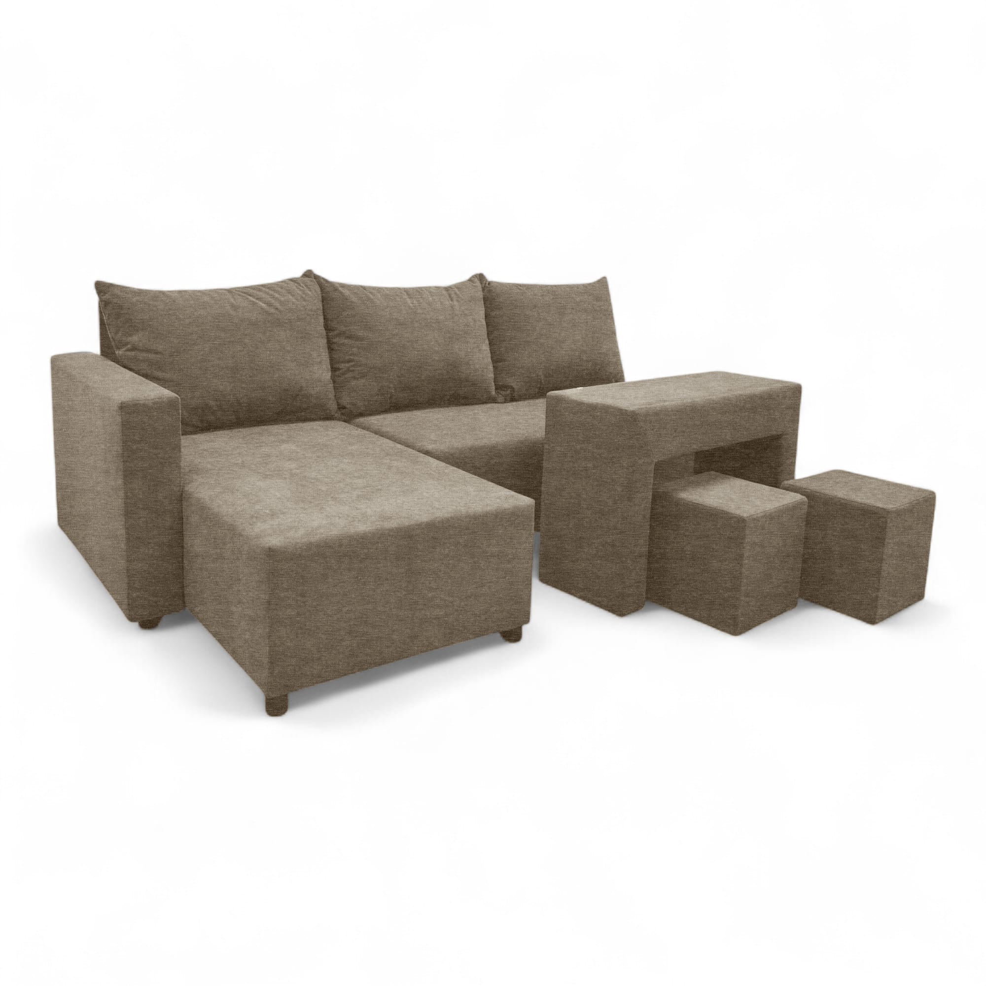 Corner sofa bed bed with table and poufs Beige — photo 19