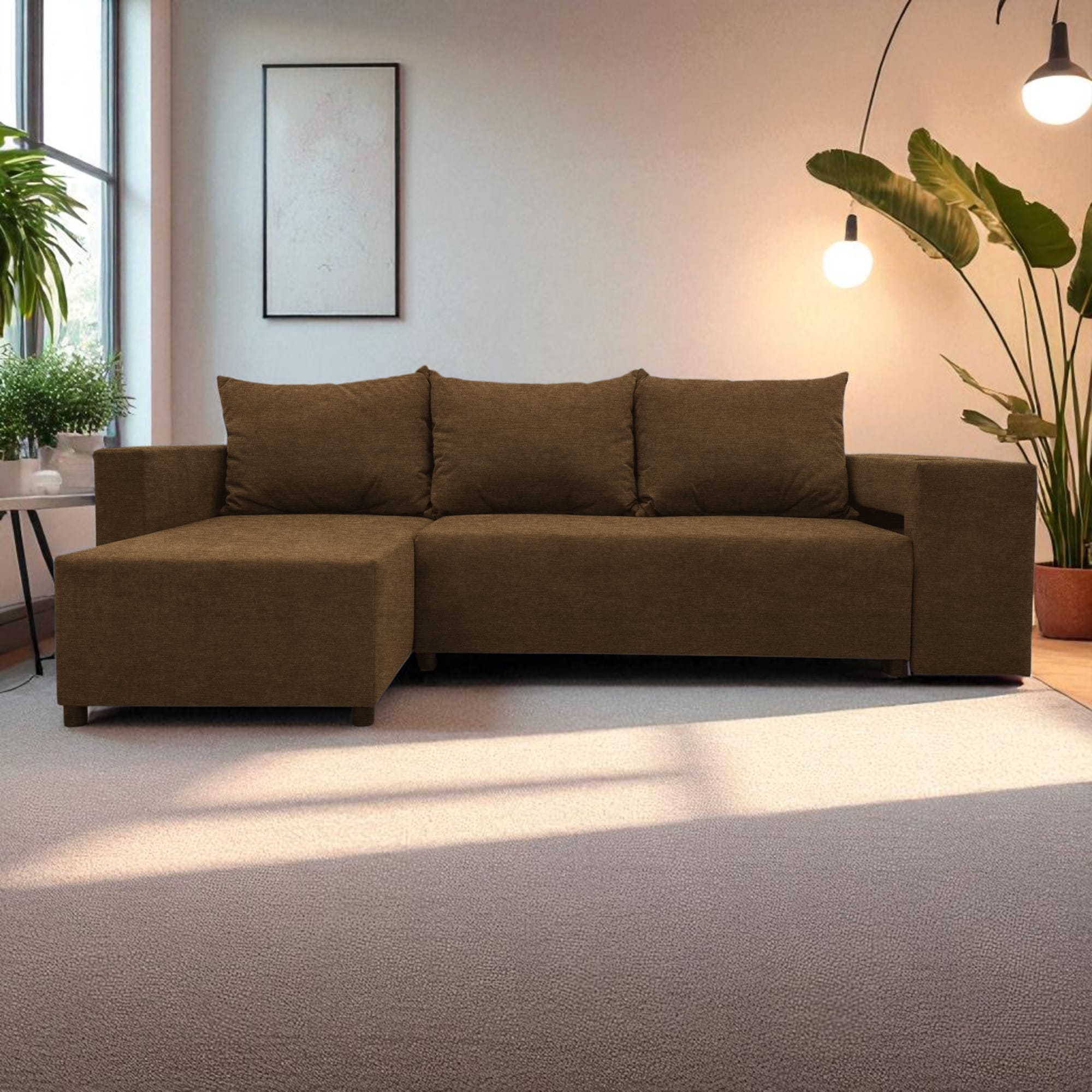 Corner sofa bed bed with table and poufs Brown — photo 8