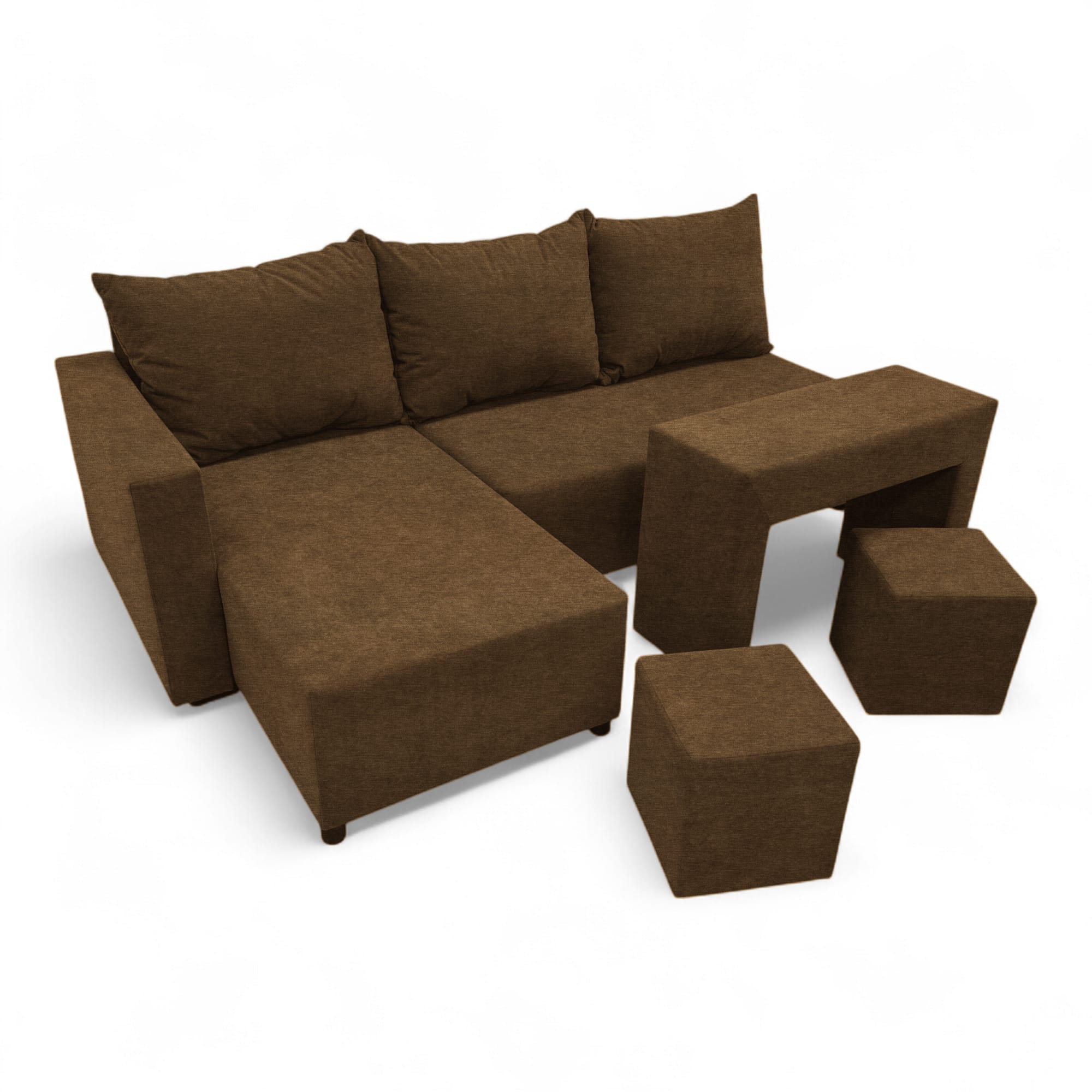 Corner sofa bed bed with table and poufs Brown — photo 17