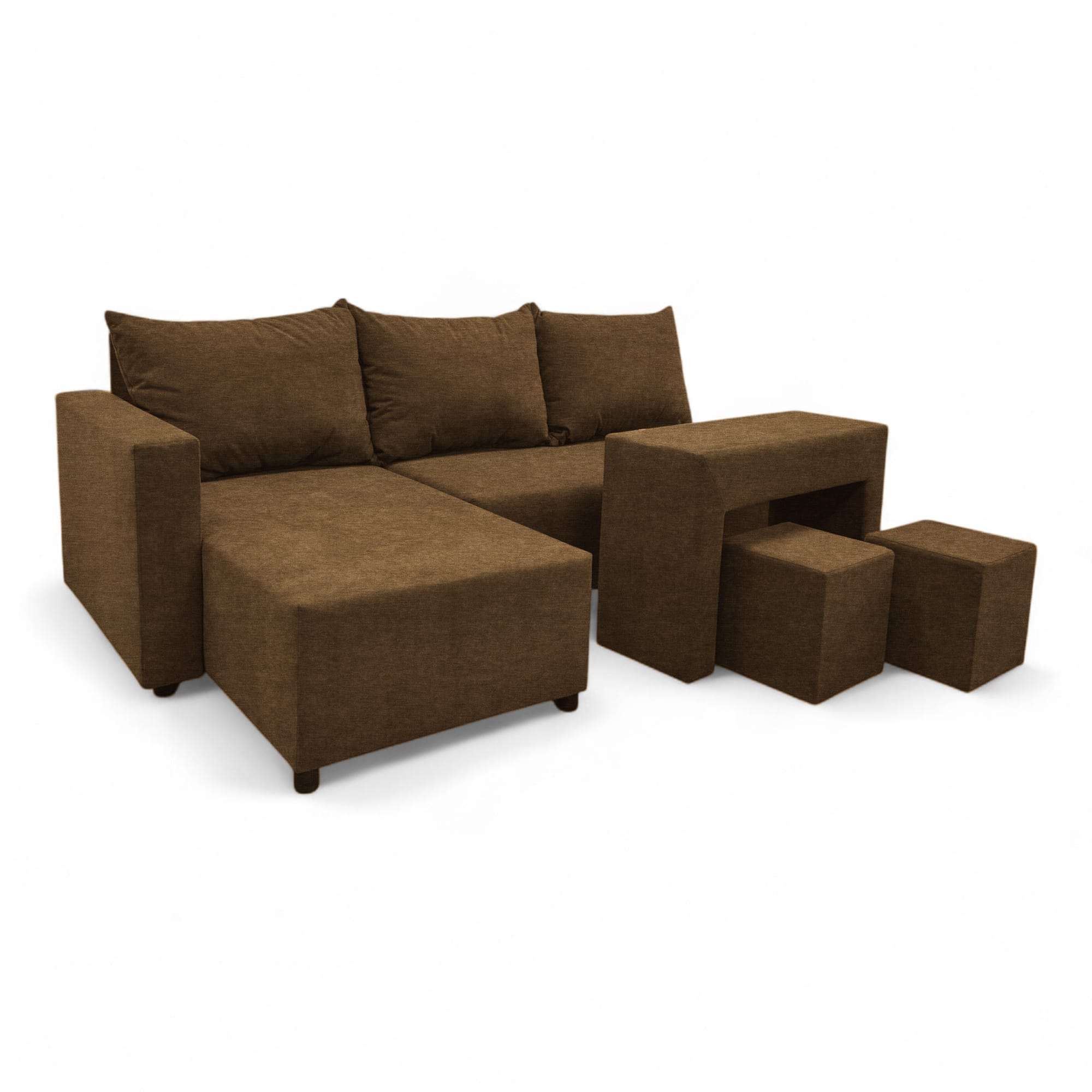 Corner sofa bed bed with table and poufs Brown — photo 19