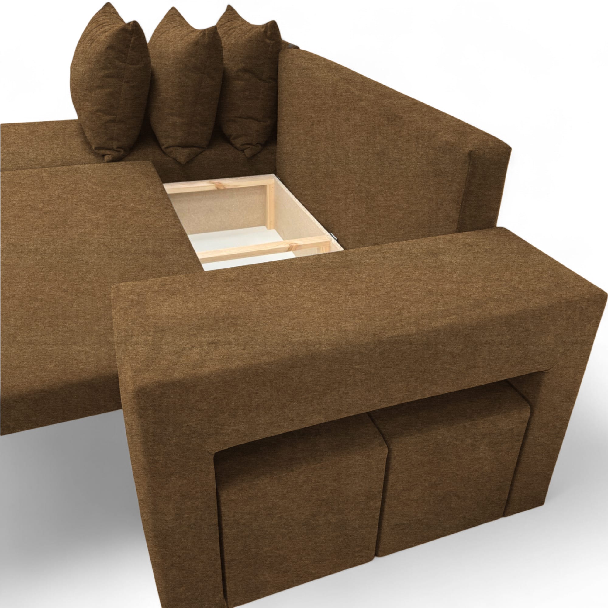 Corner sofa bed bed with table and poufs Brown — photo 14