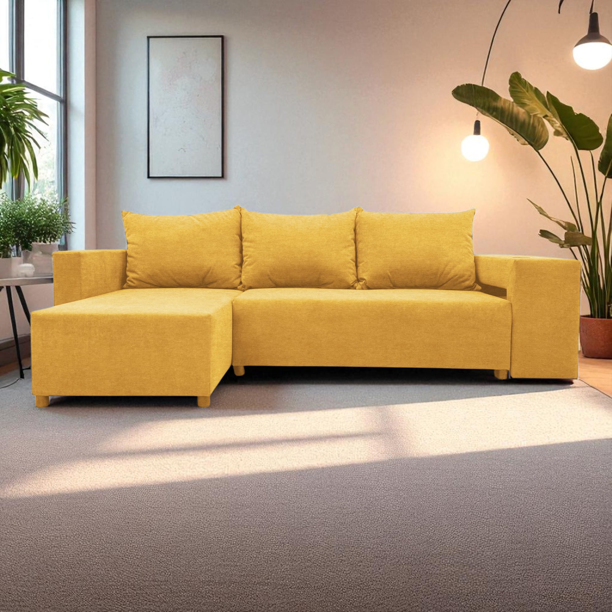 Corner sofa bed bed with table and poufs Yellow — photo 8