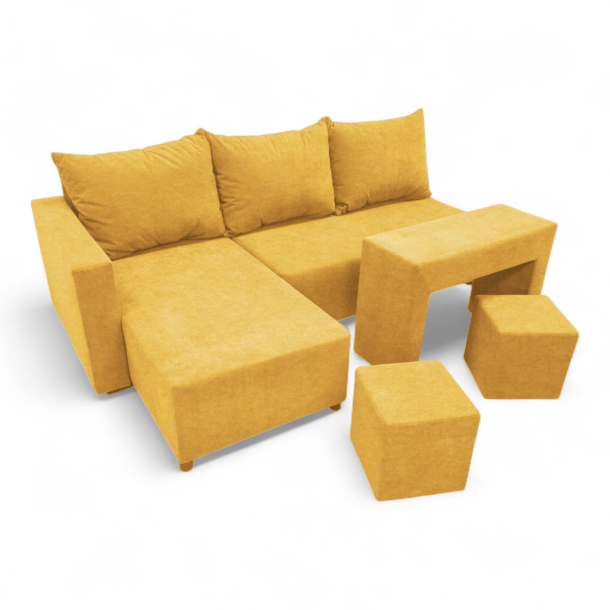Corner sofa bed bed with table and poufs Yellow — photo 17