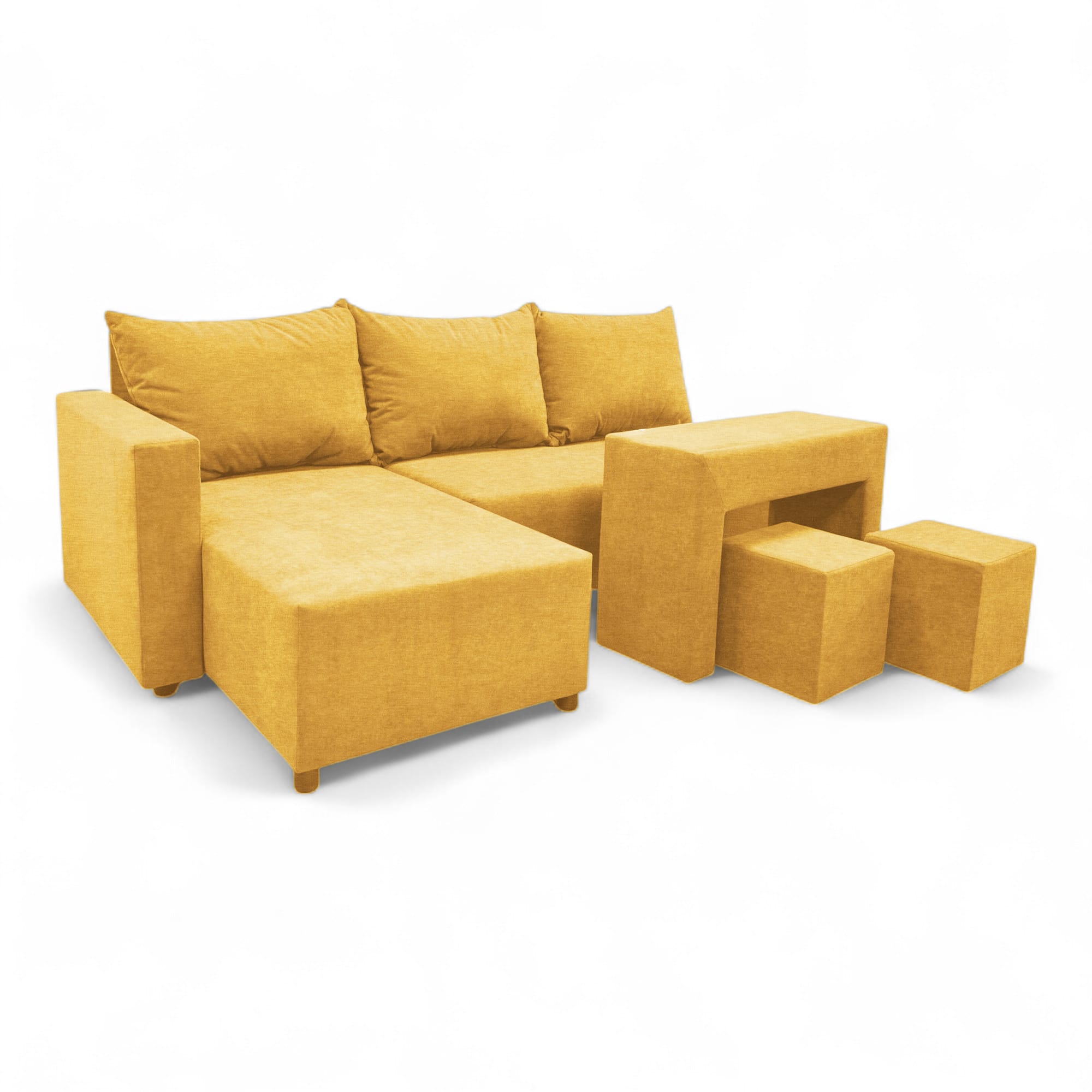 Corner sofa bed bed with table and poufs Yellow — photo 19
