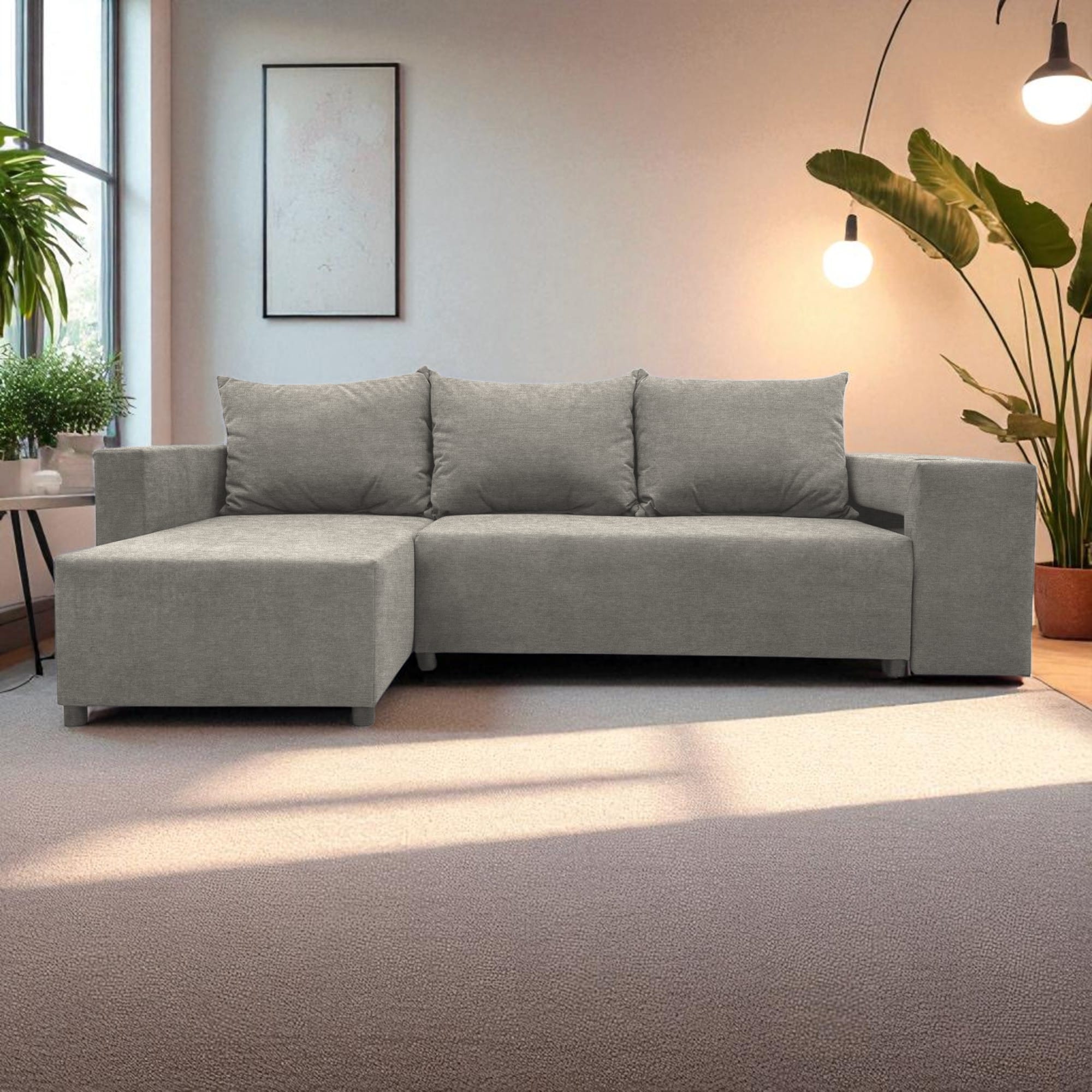 Corner sofa bed bed with table and poufs Light gray — photo 8