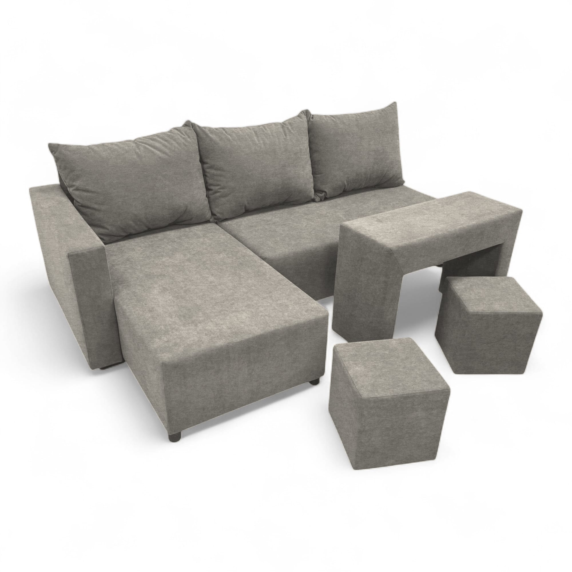 Corner sofa bed bed with table and poufs Light gray — photo 17