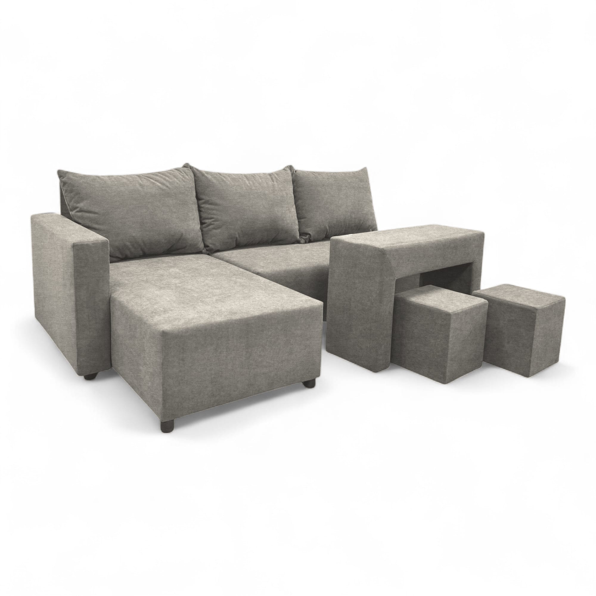 Corner sofa bed bed with table and poufs Light gray — photo 19