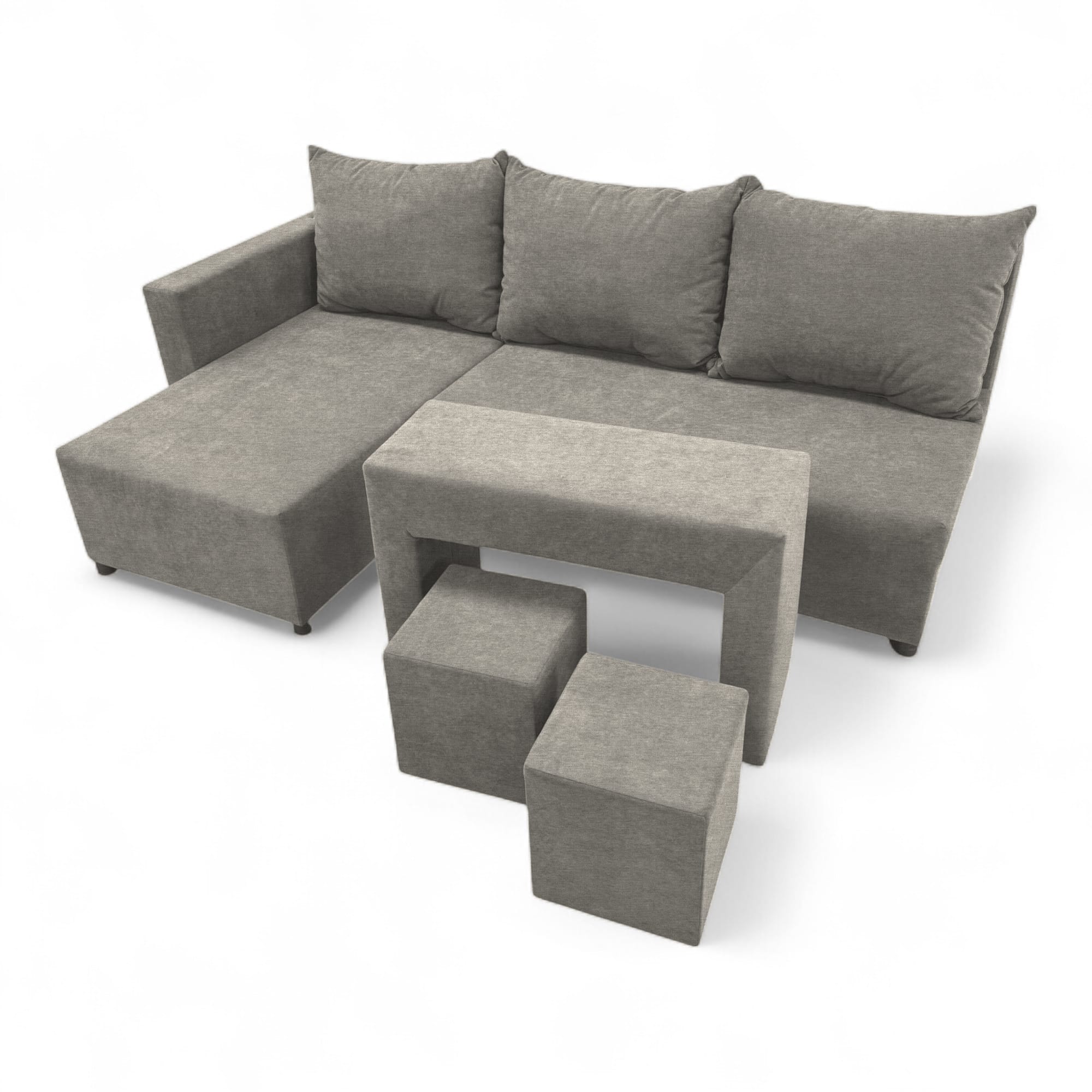 Corner sofa bed bed with table and poufs Light gray — photo 11