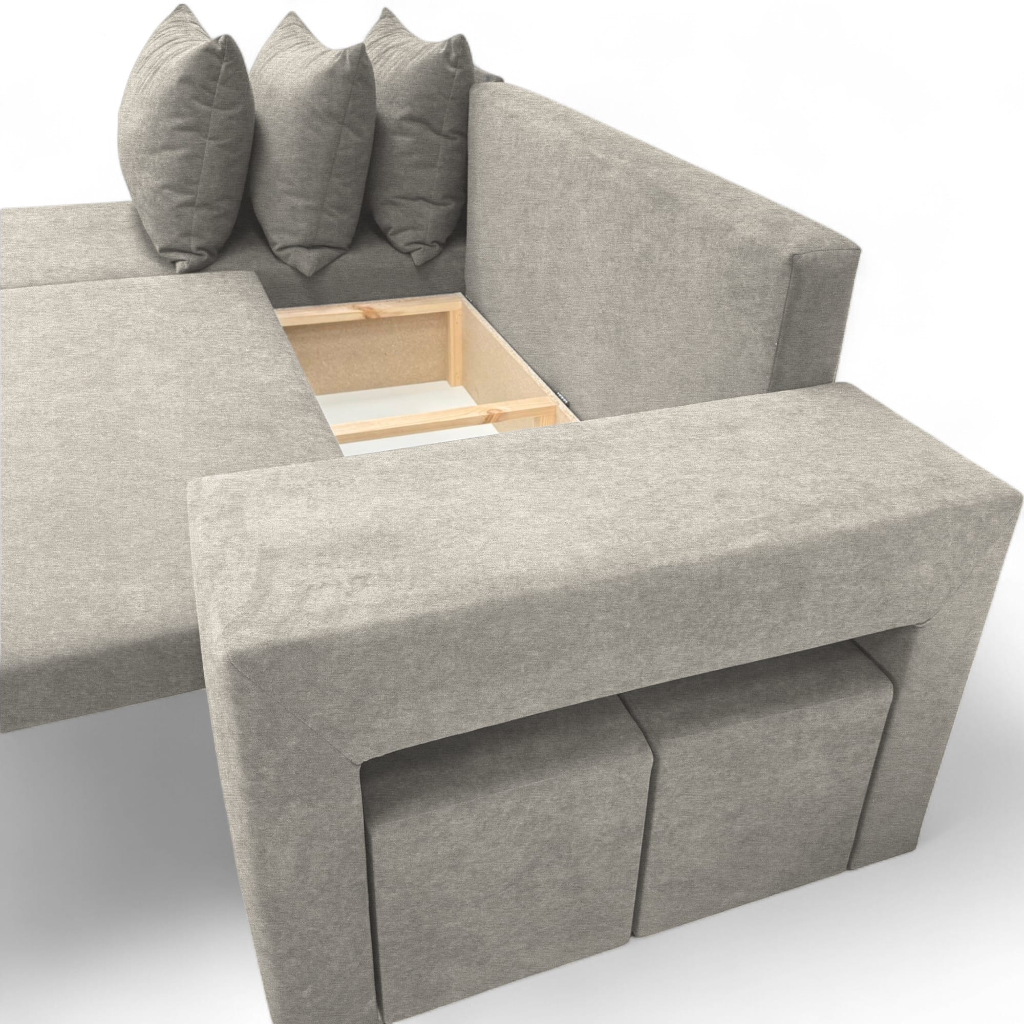 Corner sofa bed bed with table and poufs Light gray — photo 14