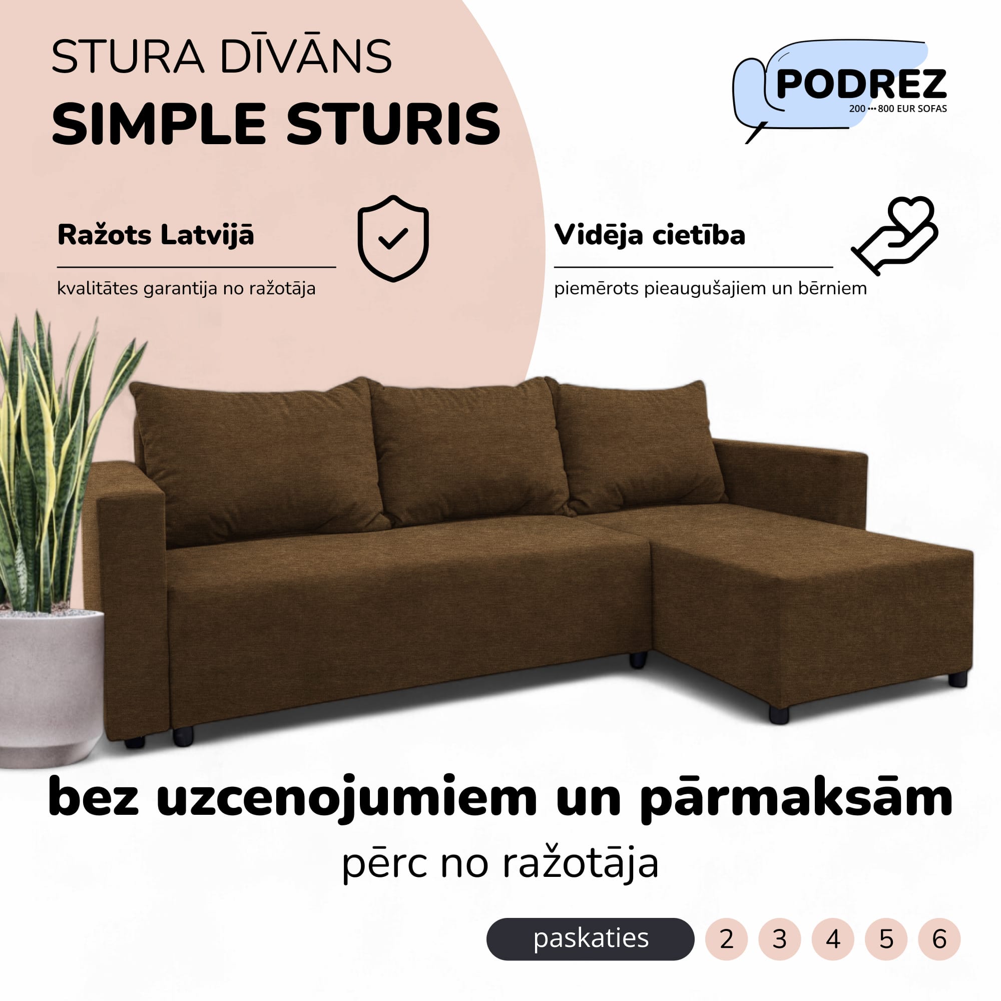 Stūra izvelkamais dīvāns ar kasti Brūna - 1