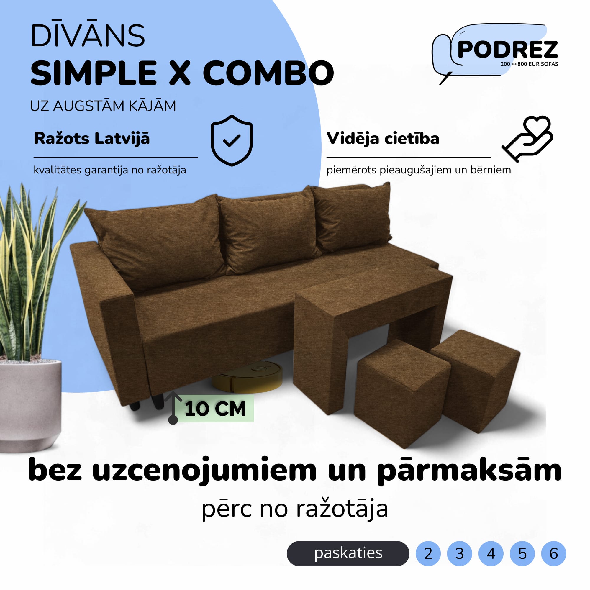 Divvietīgs izvelkamais dīvāns ar galdiņu un pufiem Simple X Combo Brūna - 1