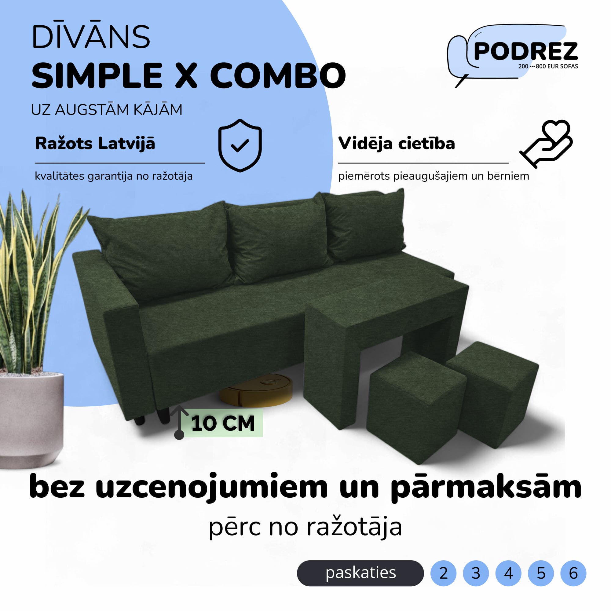 Divvietīgs izvelkamais dīvāns ar galdiņu un pufiem Simple X Combo Tirkīza zaļa - 1