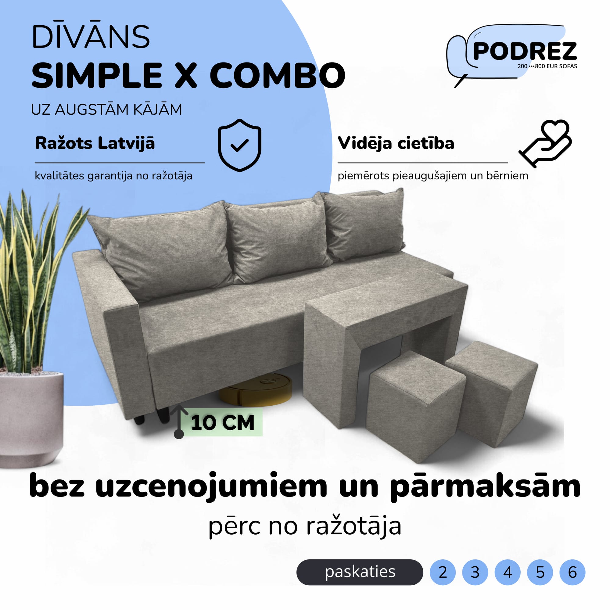 Simple X Combo double sofa bed with table and poufs Light gray - 1