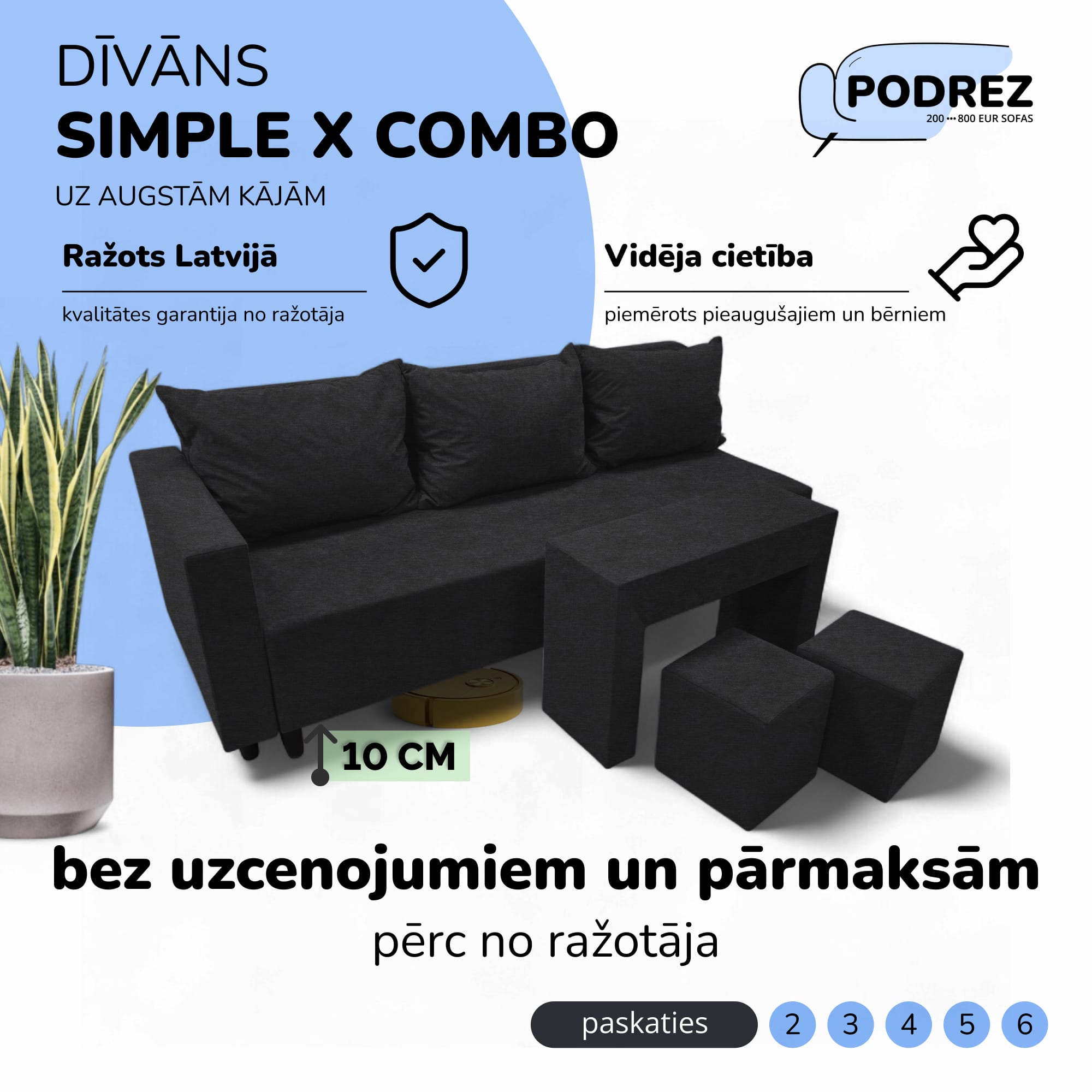 Divvietīgs izvelkamais dīvāns ar galdiņu un pufiem Simple X Combo Grafīta - 1