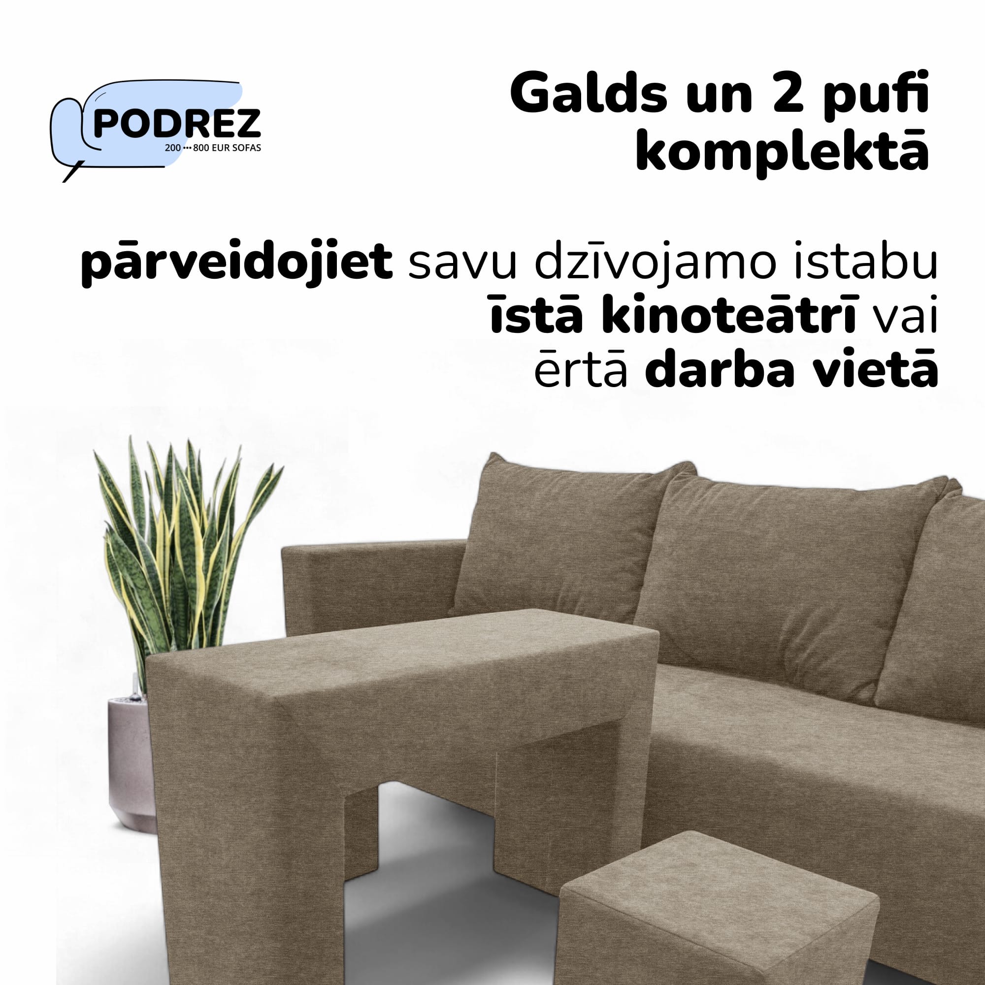Divvietīgs izvelkamais dīvāns ar galdiņu un pufiem Simple X Combo Bēša - 2