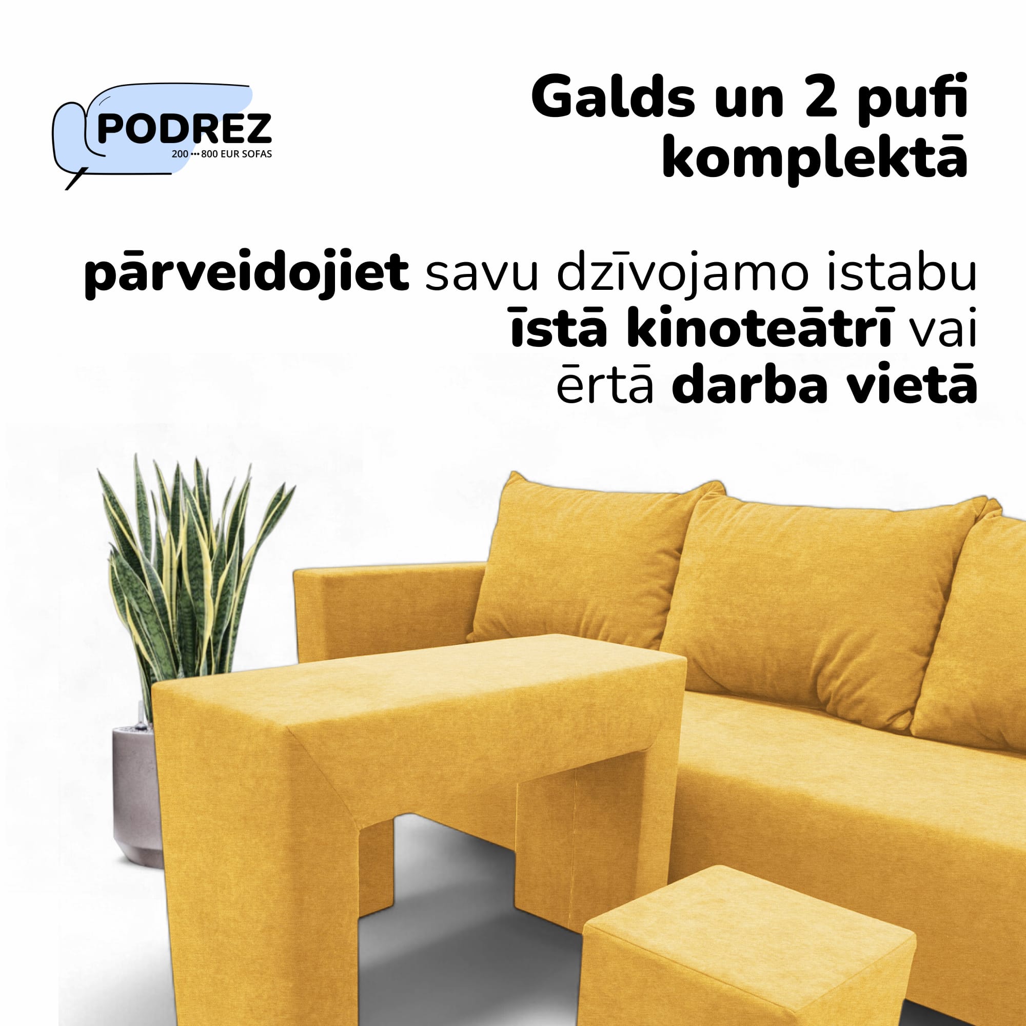 Simple X Combo double sofa bed with table and poufs Yellow - 2