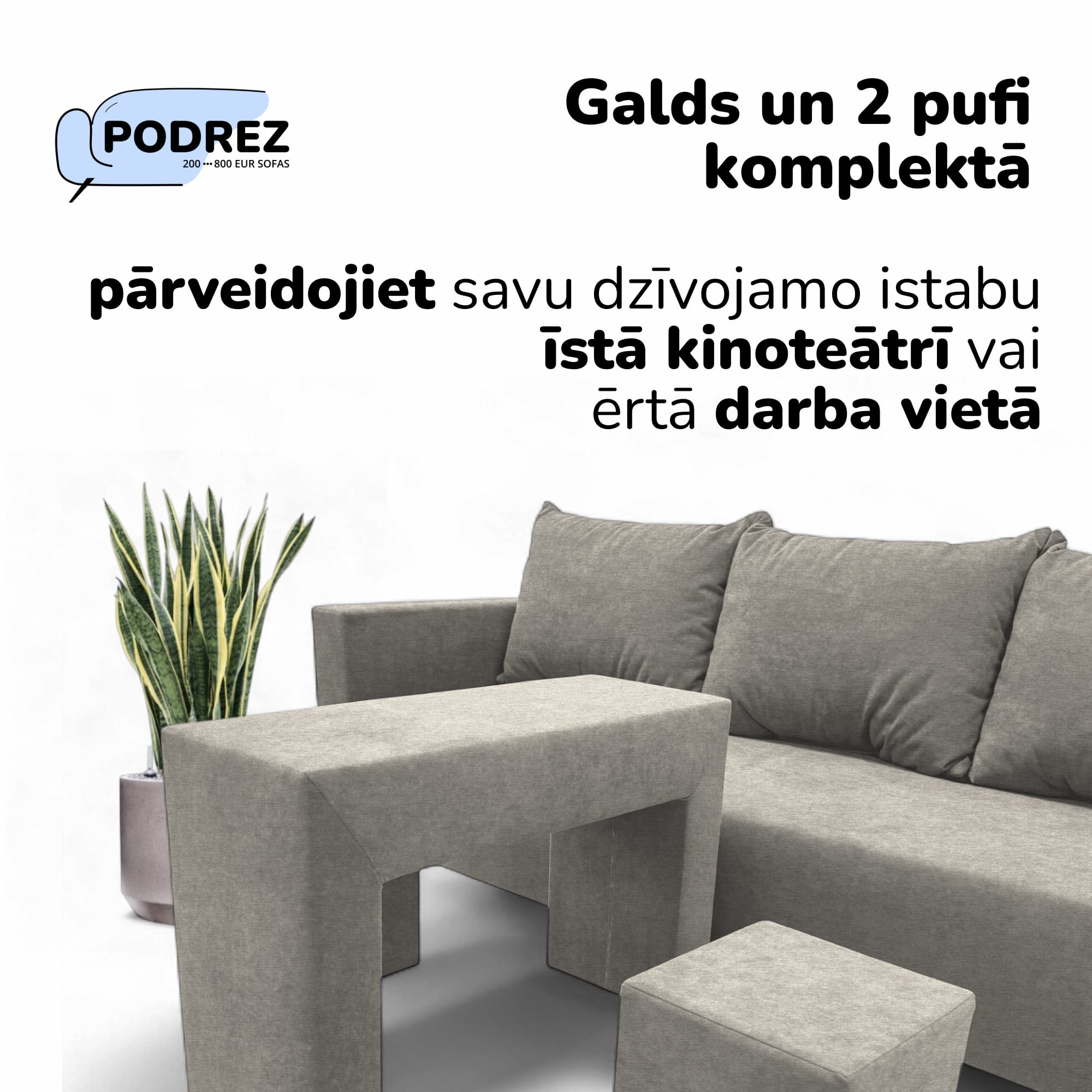 Simple X Combo double sofa bed with table and poufs Light gray - 2
