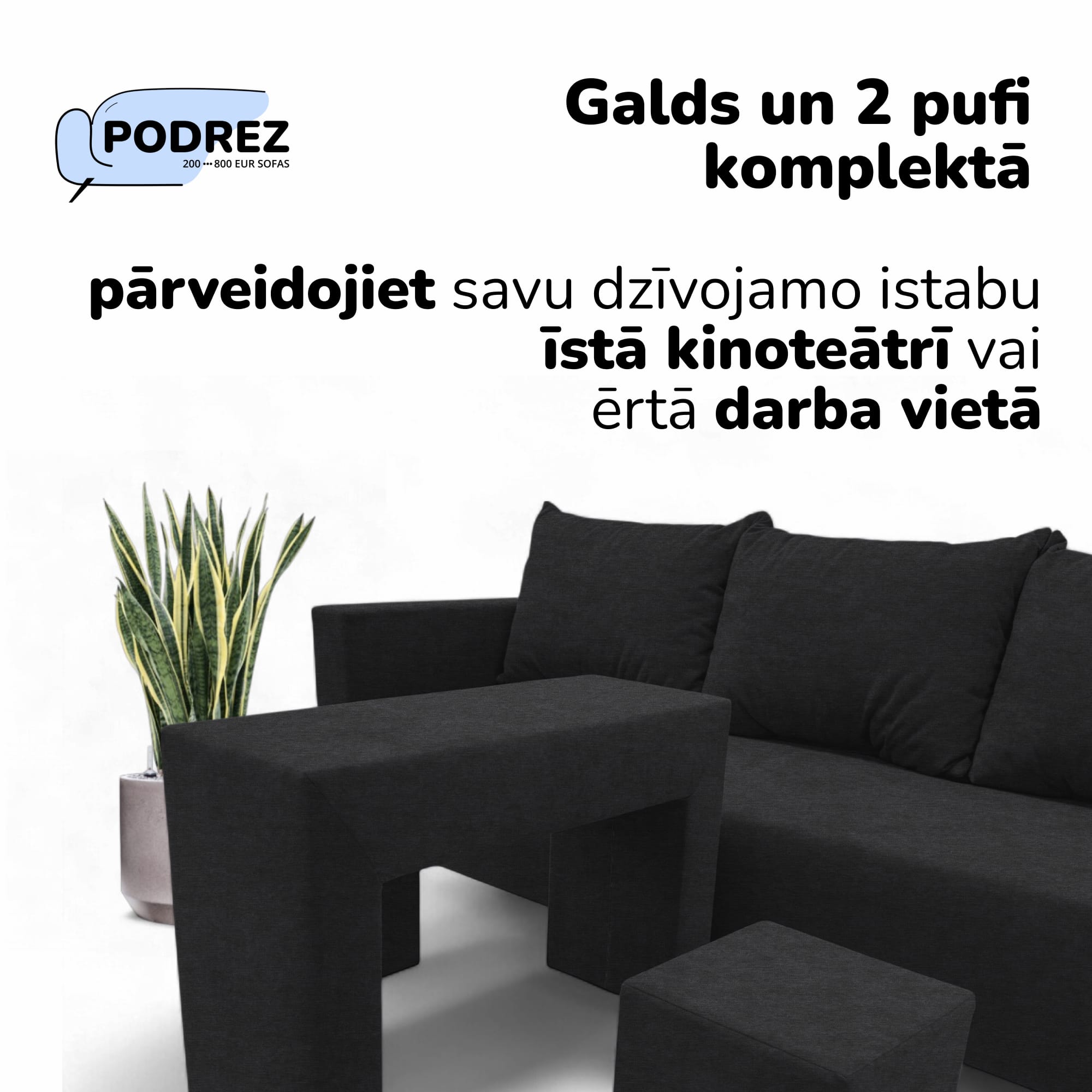 Divvietīgs izvelkamais dīvāns ar galdiņu un pufiem Simple X Combo Grafīta - 2