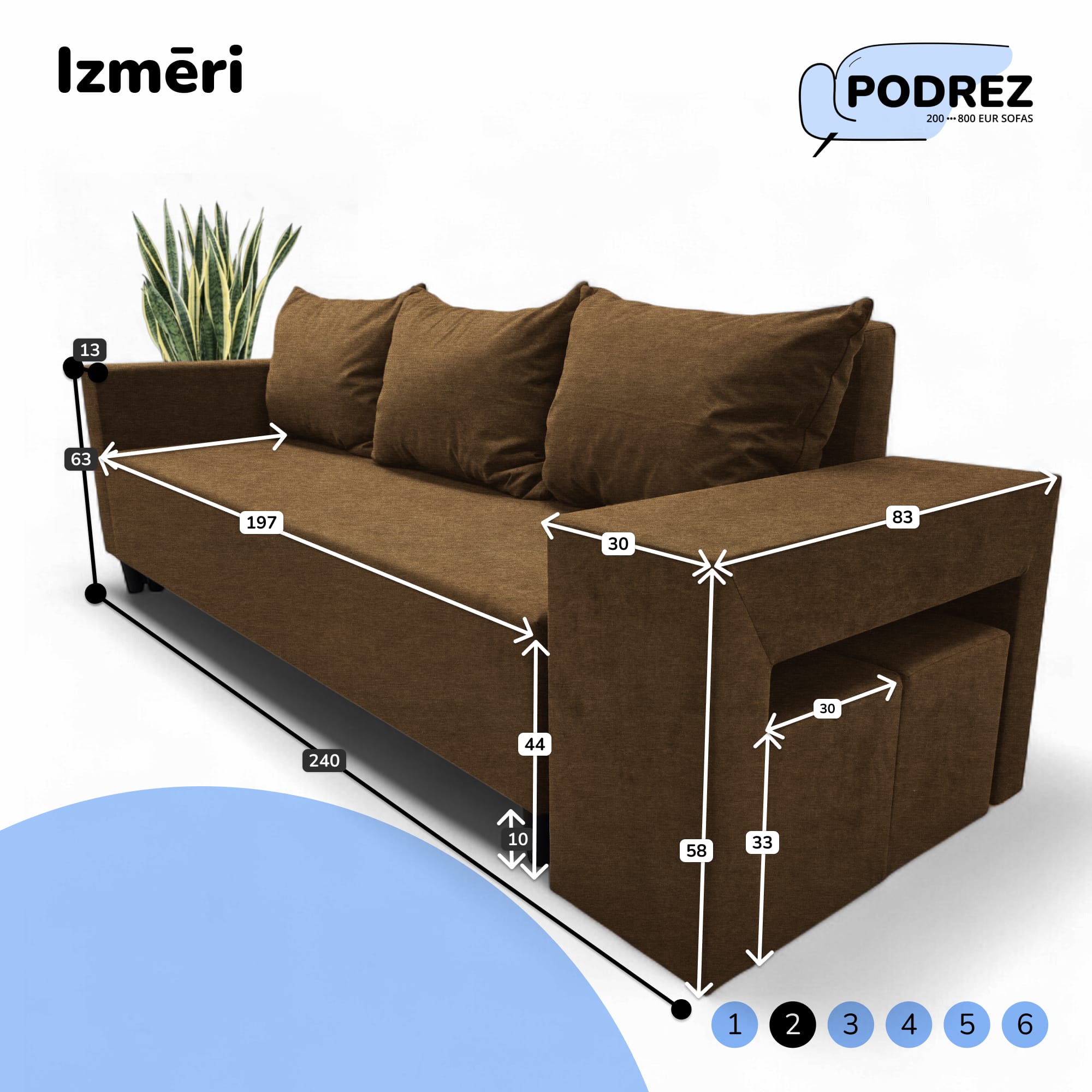 Divvietīgs izvelkamais dīvāns ar galdiņu un pufiem Simple X Combo Brūna - 4