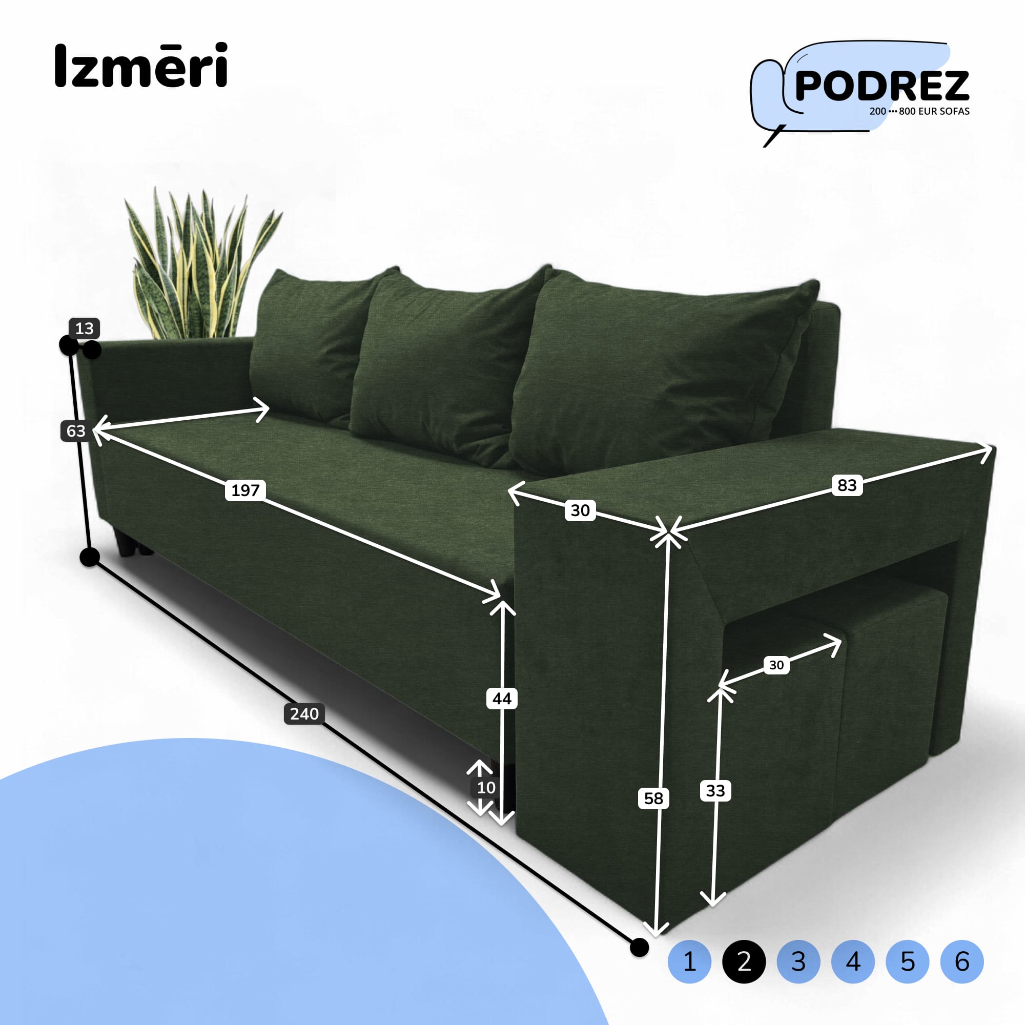 Divvietīgs izvelkamais dīvāns ar galdiņu un pufiem Simple X Combo Tirkīza zaļa - 4