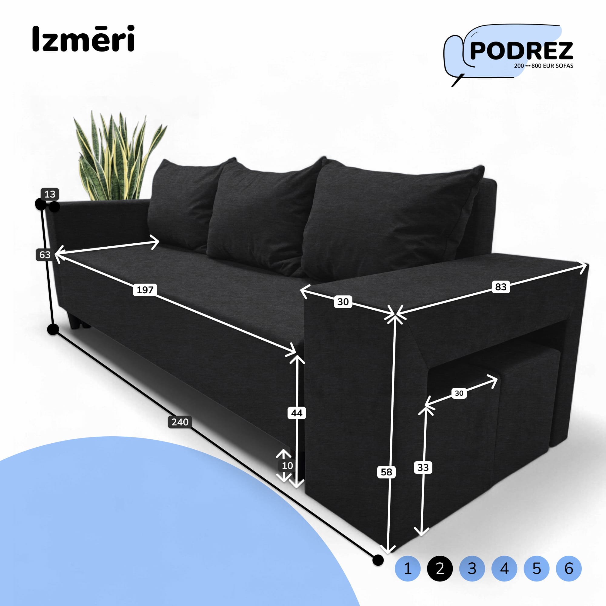 Divvietīgs izvelkamais dīvāns ar galdiņu un pufiem Simple X Combo Grafīta - 4