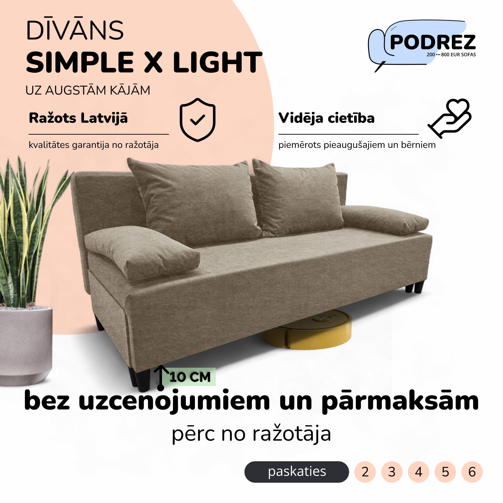 Divvietīgs izvelkamais dīvāns bez roku balstiem Simple X Light Bēša - 1