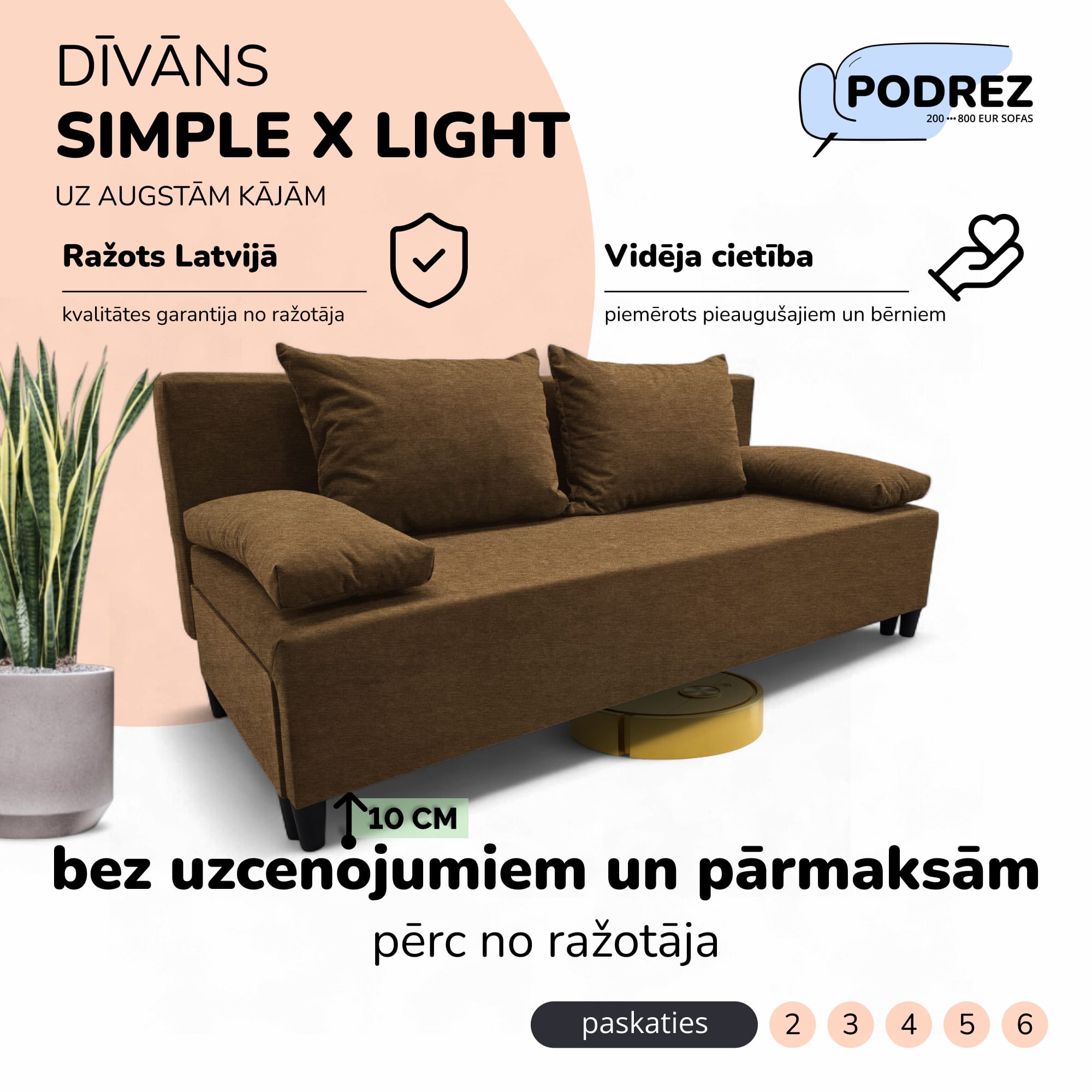 Divvietīgs izvelkamais dīvāns bez roku balstiem Simple X Light Brūna - 1