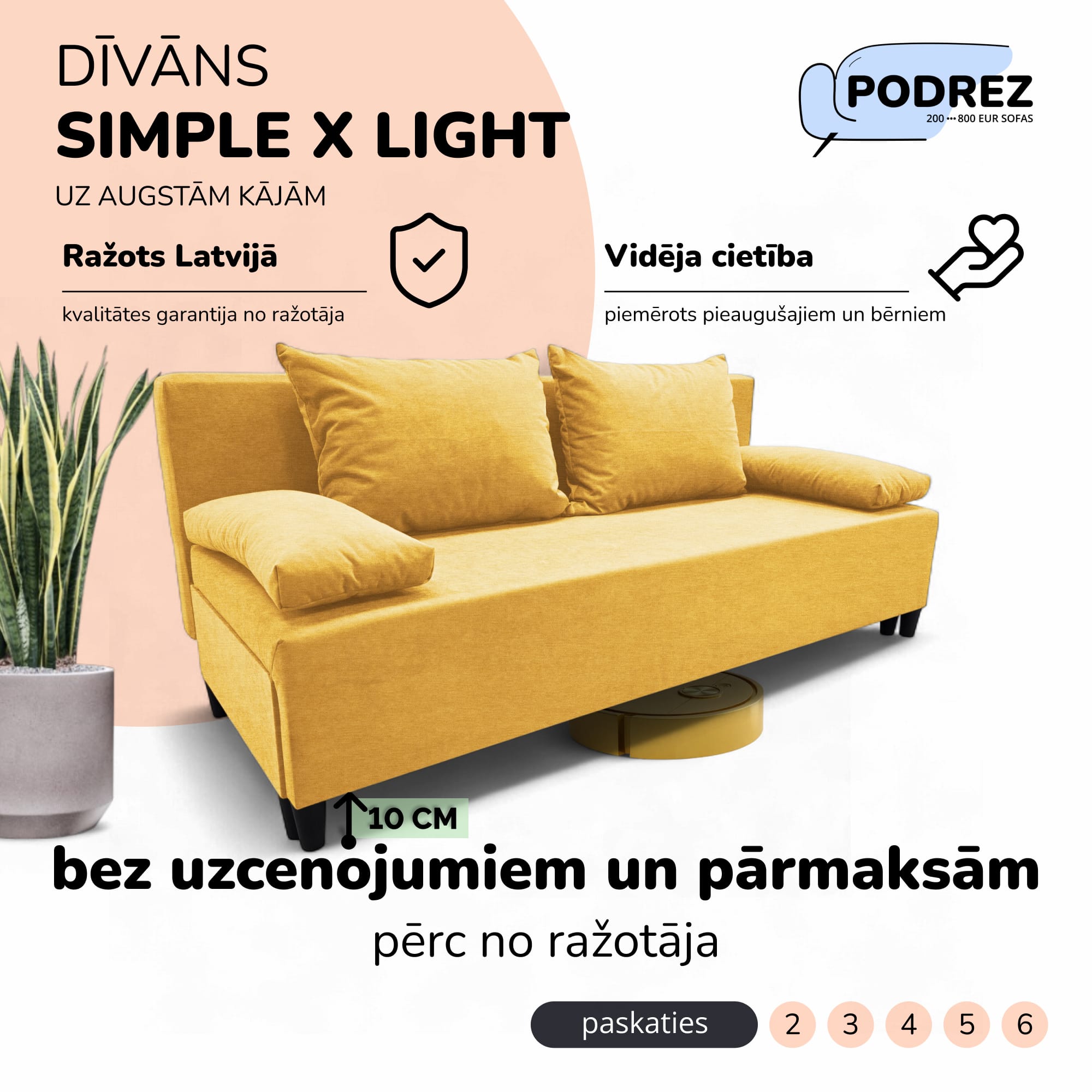 Divvietīgs izvelkamais dīvāns bez roku balstiem Simple X Light Dzeltena - 1