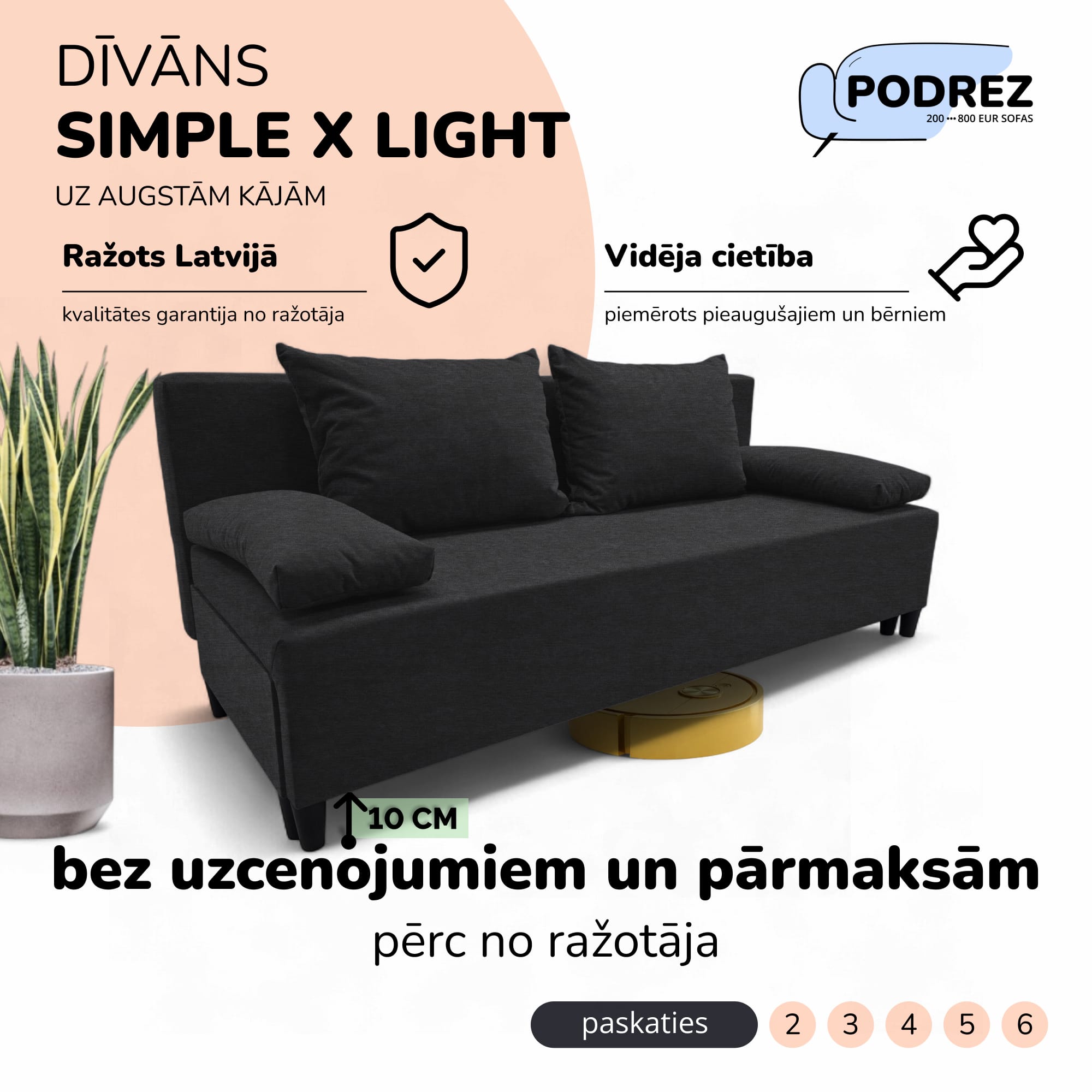 Divvietīgs izvelkamais dīvāns bez roku balstiem Simple X Light Grafīta - 1