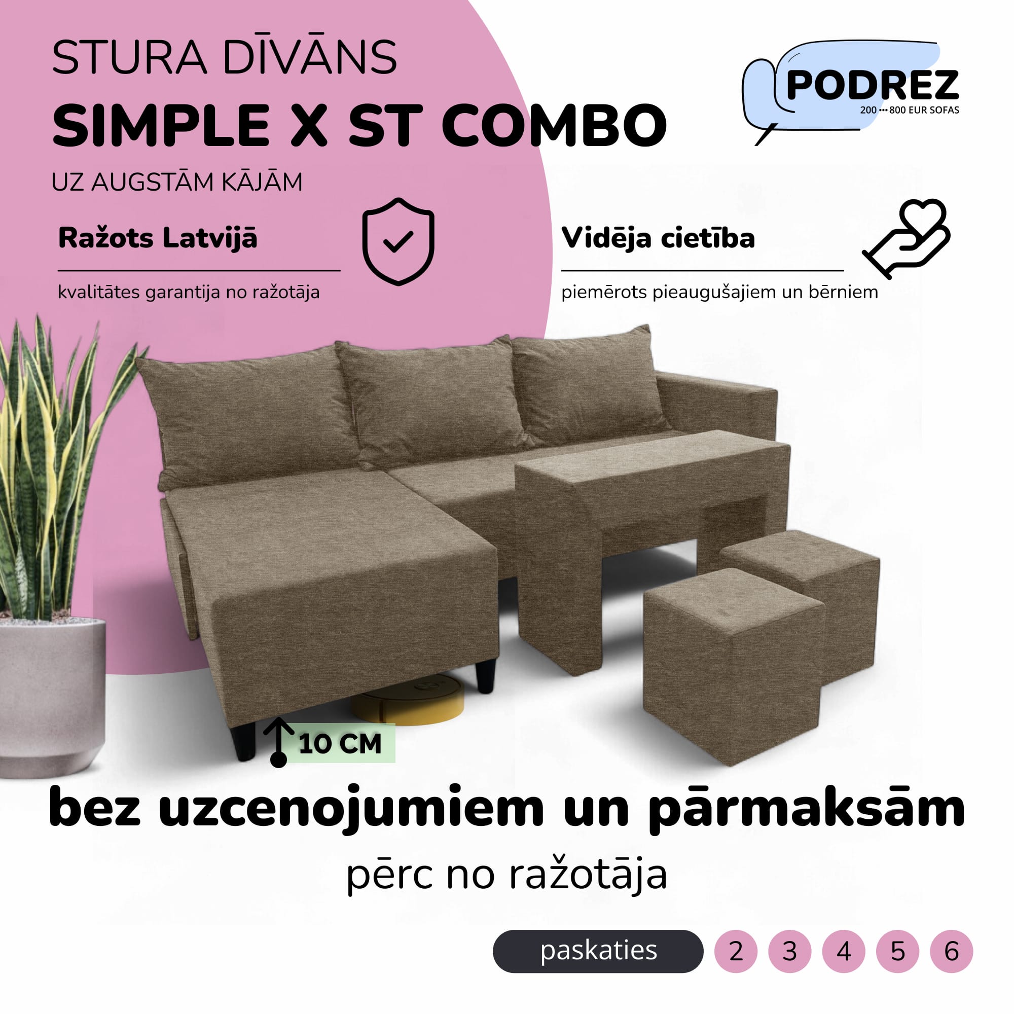 Stūra izvelkamais dīvāns ar galdiņu un pufiem Simple X St Combo Bēša - 1