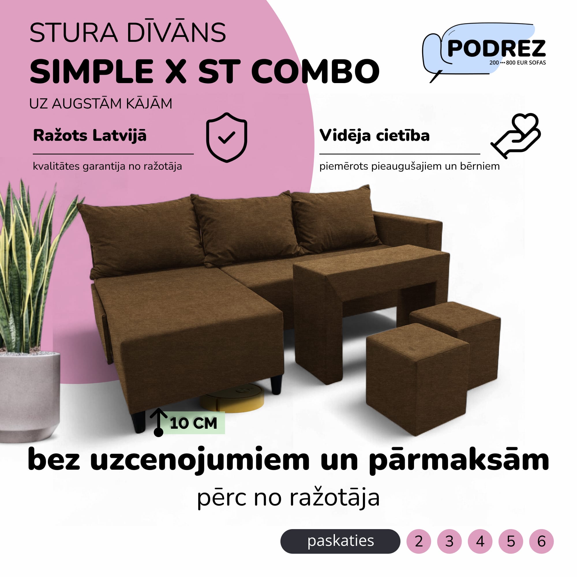 Stūra izvelkamais dīvāns ar galdiņu un pufiem Simple X St Combo Brūna - 1