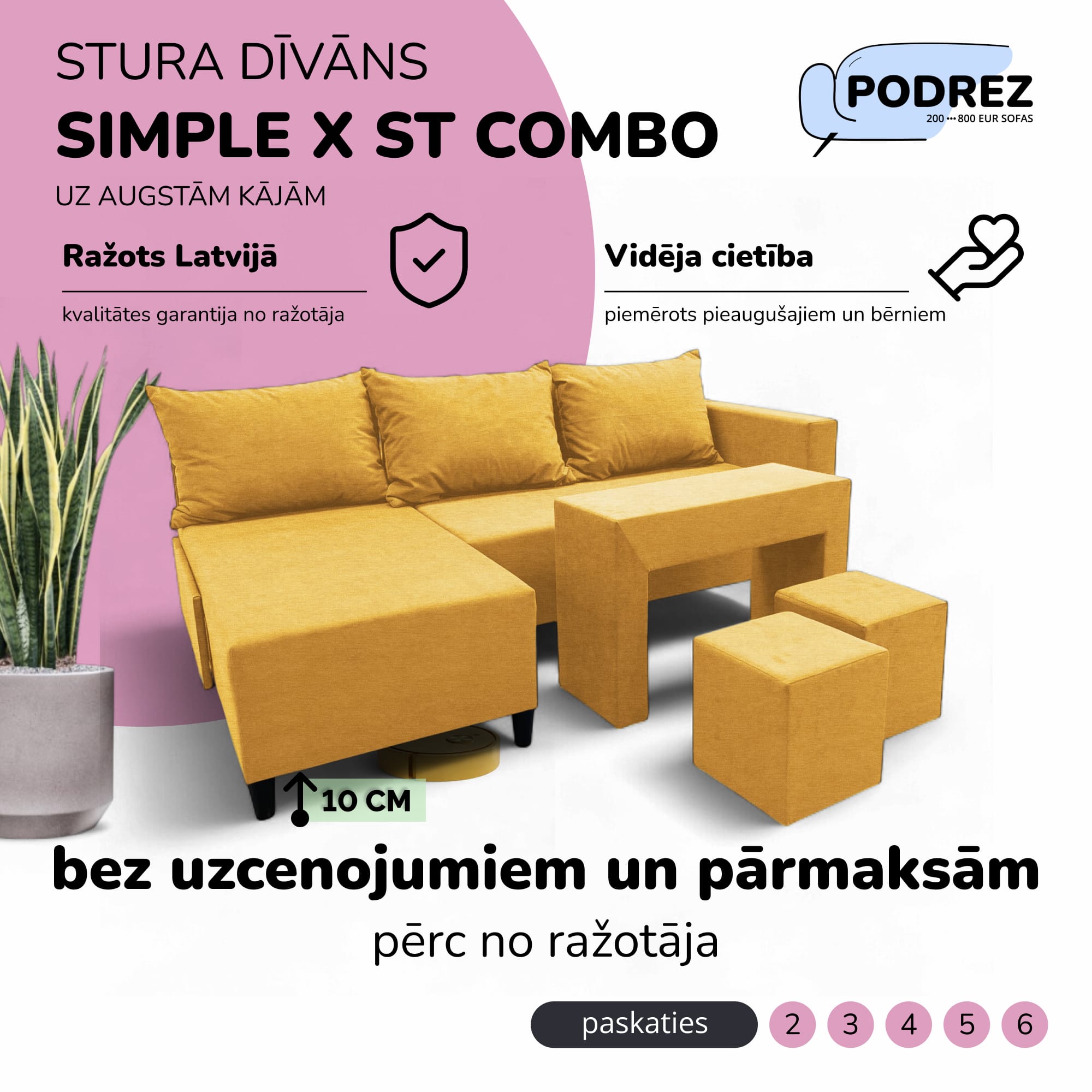 Stūra izvelkamais dīvāns ar galdiņu un pufiem Simple X St Combo Dzeltena - 1