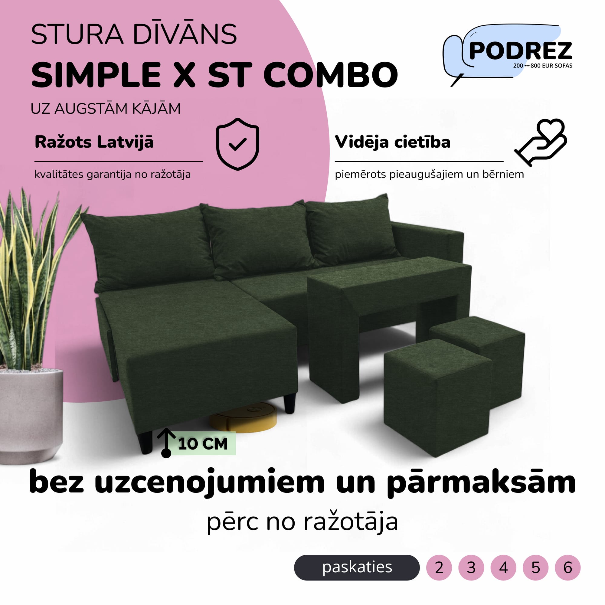 Stūra izvelkamais dīvāns ar galdiņu un pufiem Simple X St Combo Tirkīza zaļa - 1