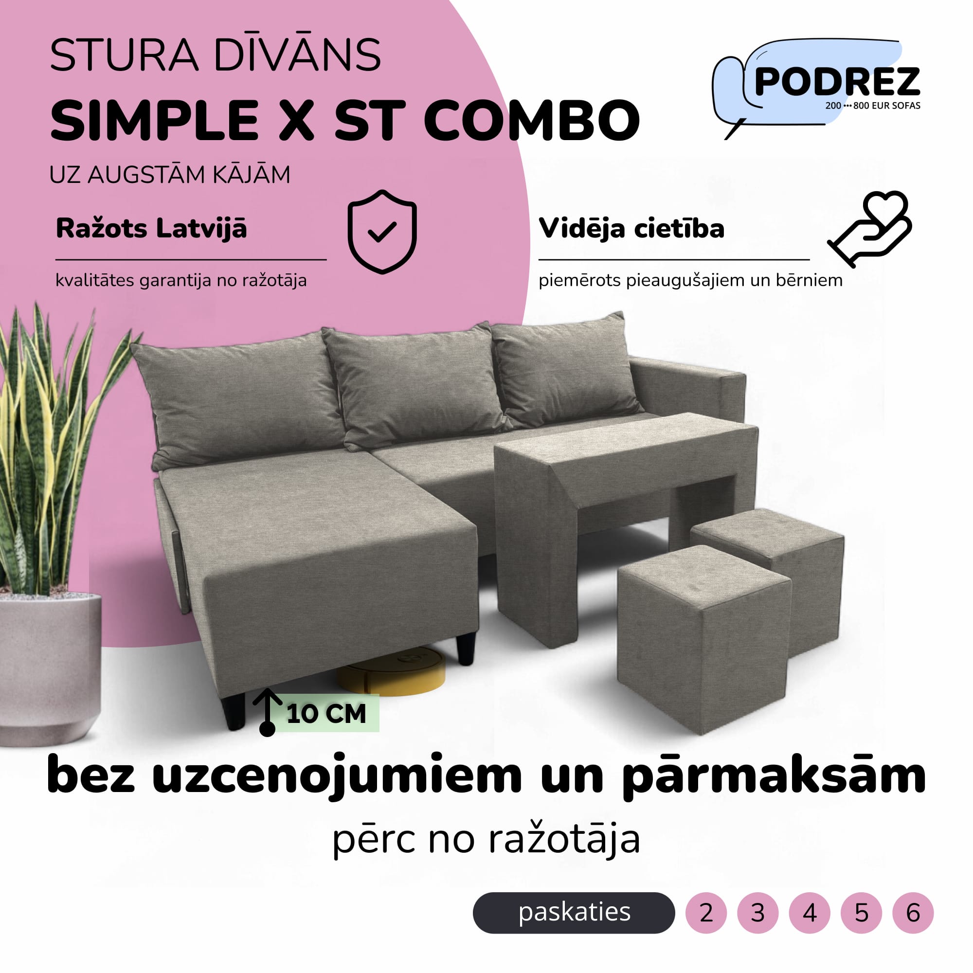 Stūra izvelkamais dīvāns ar galdiņu un pufiem Simple X St Combo Gaiši pelēka - 1