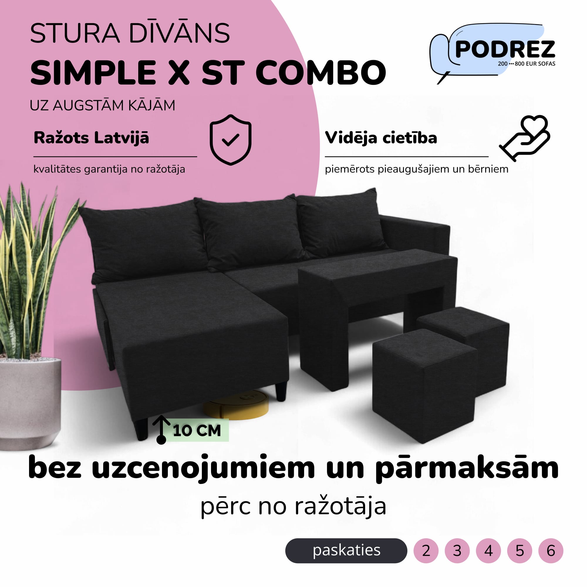 Stūra izvelkamais dīvāns ar galdiņu un pufiem Simple X St Combo Grafīta - 1