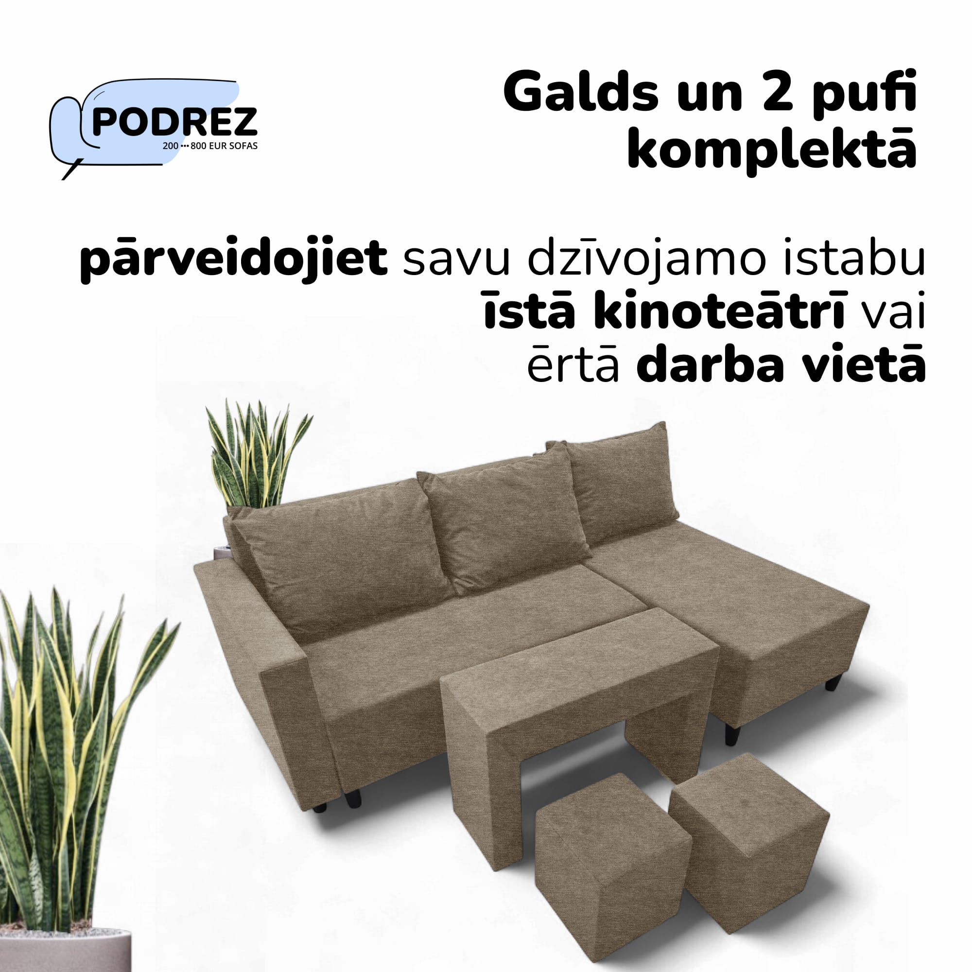Stūra izvelkamais dīvāns ar galdiņu un pufiem Simple X St Combo Bēša - 2