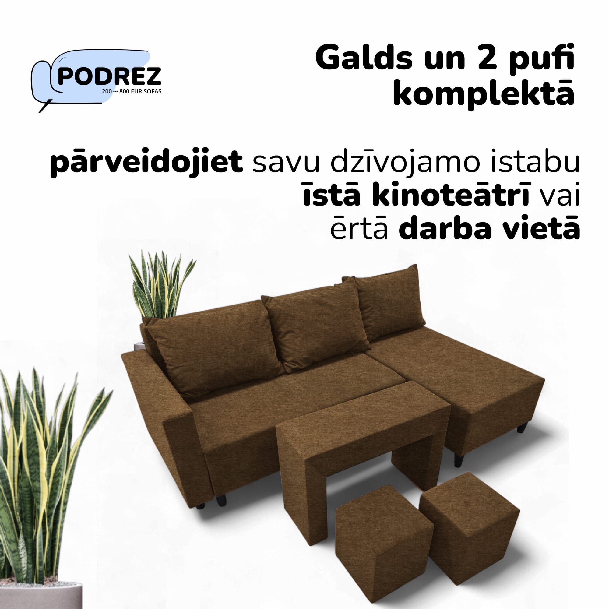 Stūra izvelkamais dīvāns ar galdiņu un pufiem Simple X St Combo Brūna - 2