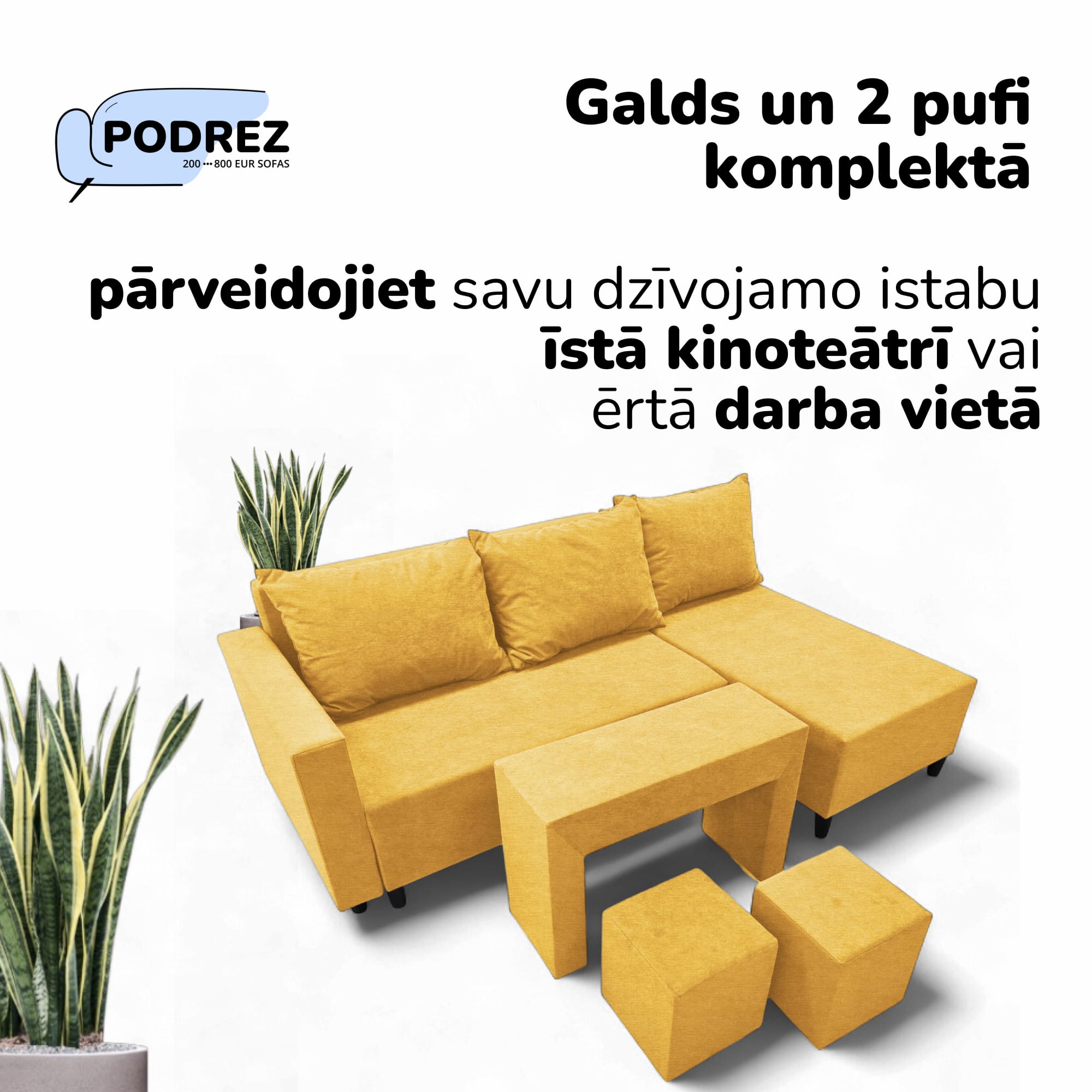 Stūra izvelkamais dīvāns ar galdiņu un pufiem Simple X St Combo Dzeltena - 2