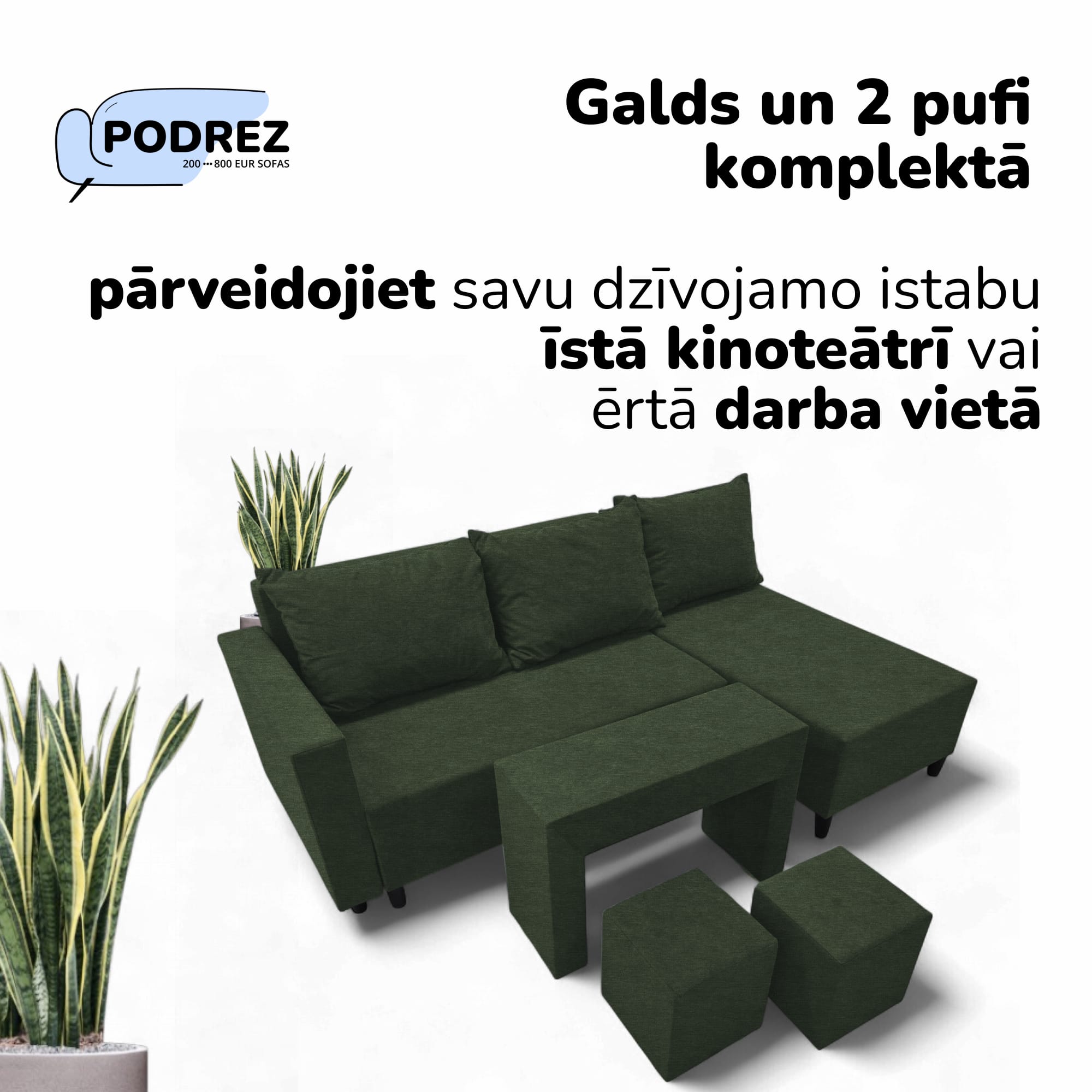 Stūra izvelkamais dīvāns ar galdiņu un pufiem Simple X St Combo Tirkīza zaļa - 2