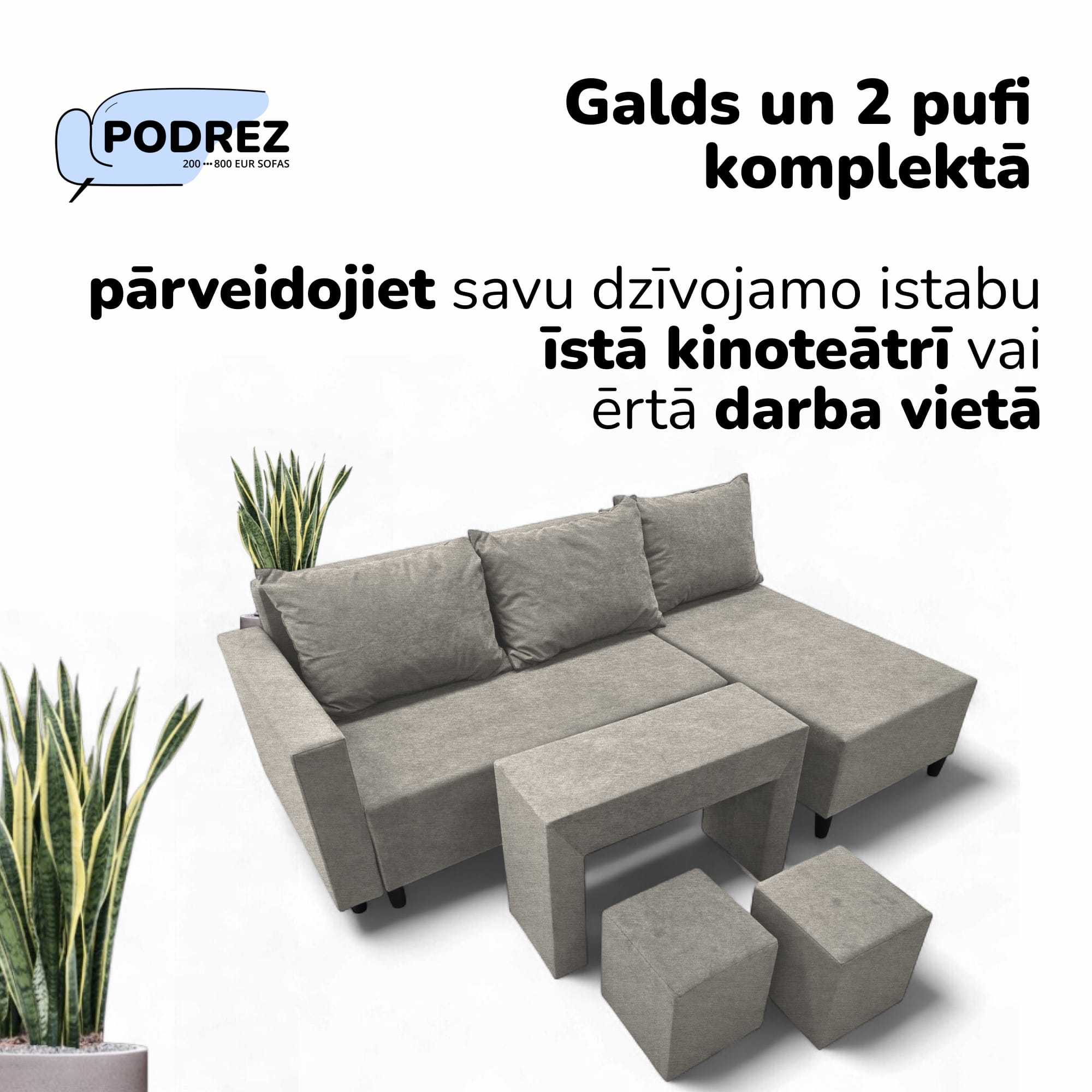 Stūra izvelkamais dīvāns ar galdiņu un pufiem Simple X St Combo Gaiši pelēka - 2